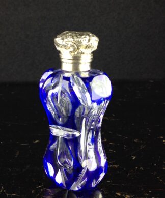 Victorian blue overlay glass perfume bottle with Silver top, c.1880-0