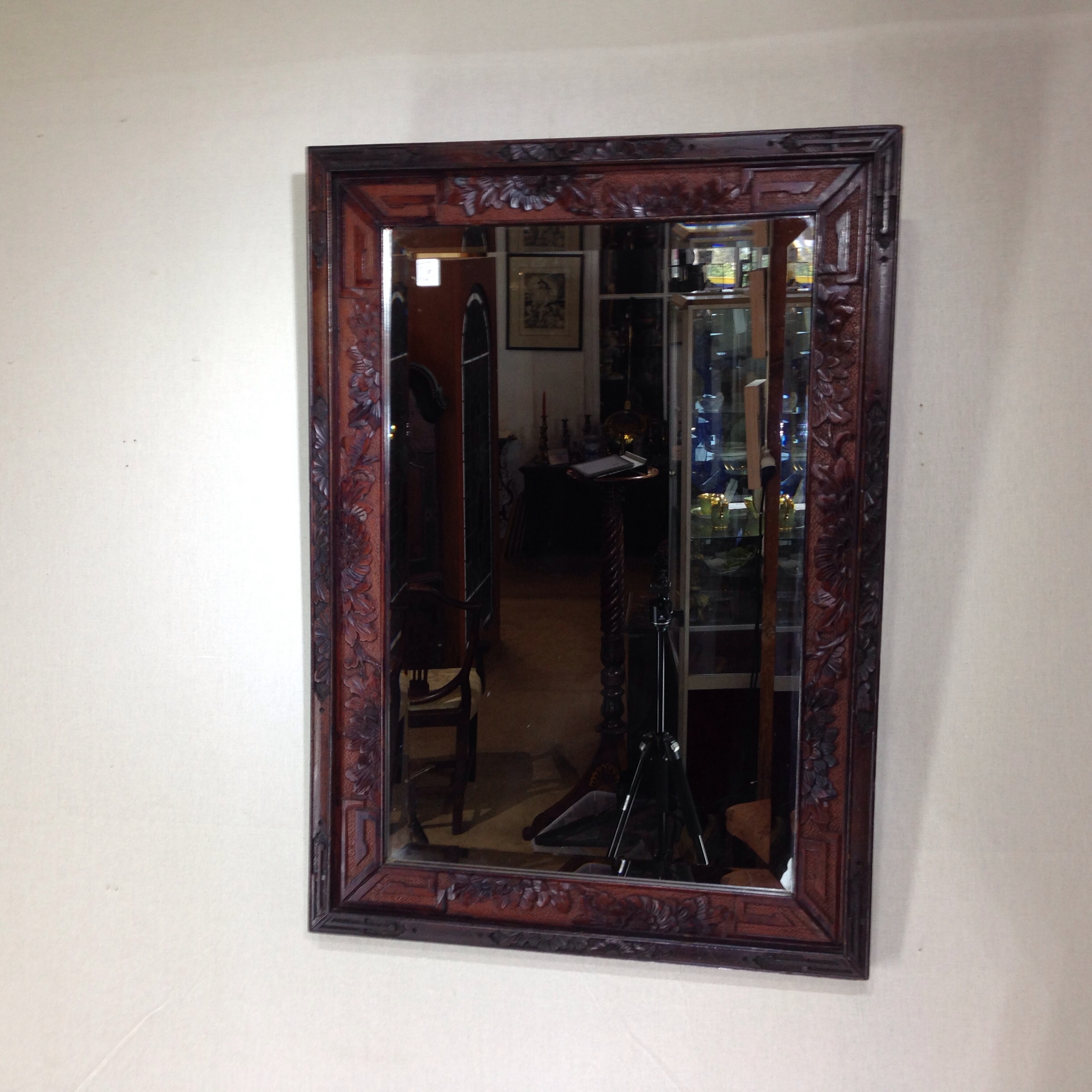 Japanese Carved Wood Mirror Frame Beveled C 1900
