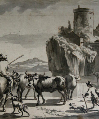 Dutch pen & wash, cattle herders by a castle, early 18th century -0