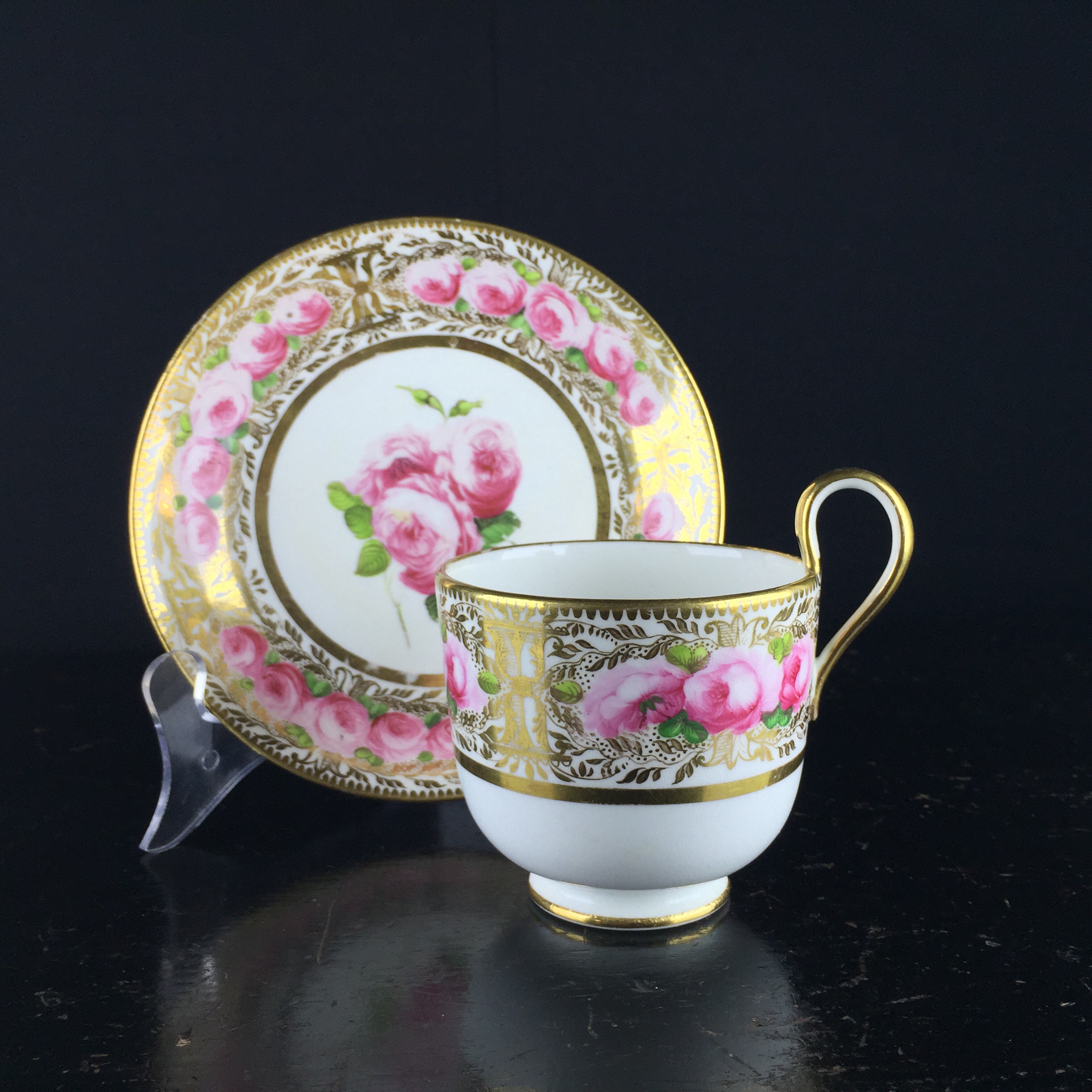 Coalport coffee cup & saucer, rich gold & roses, c. 1825-0