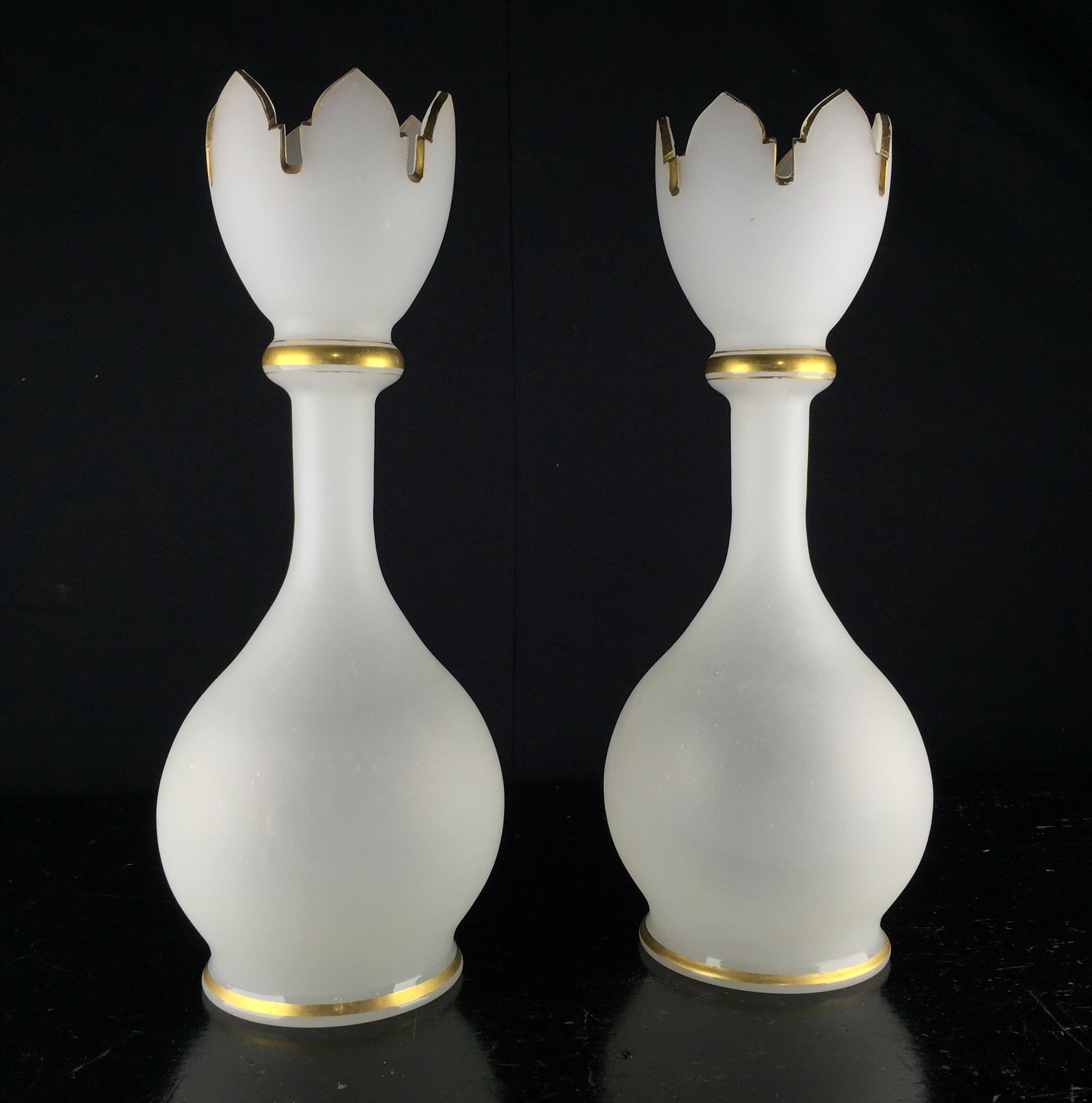 Pair of Victorian frosted vases, petal rims, c. 1860 -0