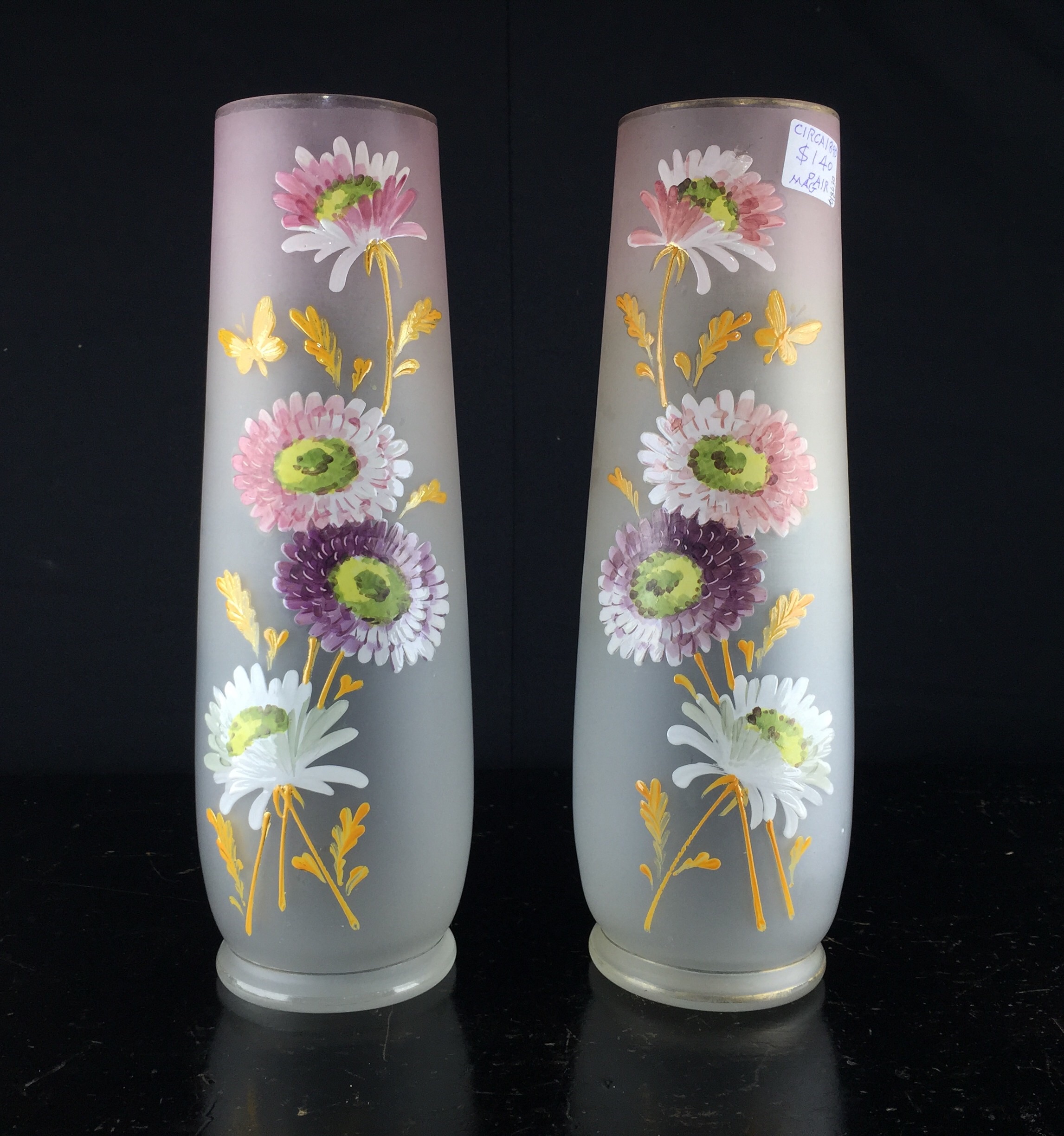 Pair Of Victorian Frosted Glass Vases Enamelled With Daisies C 1890 Moorabool Antiques Galleries