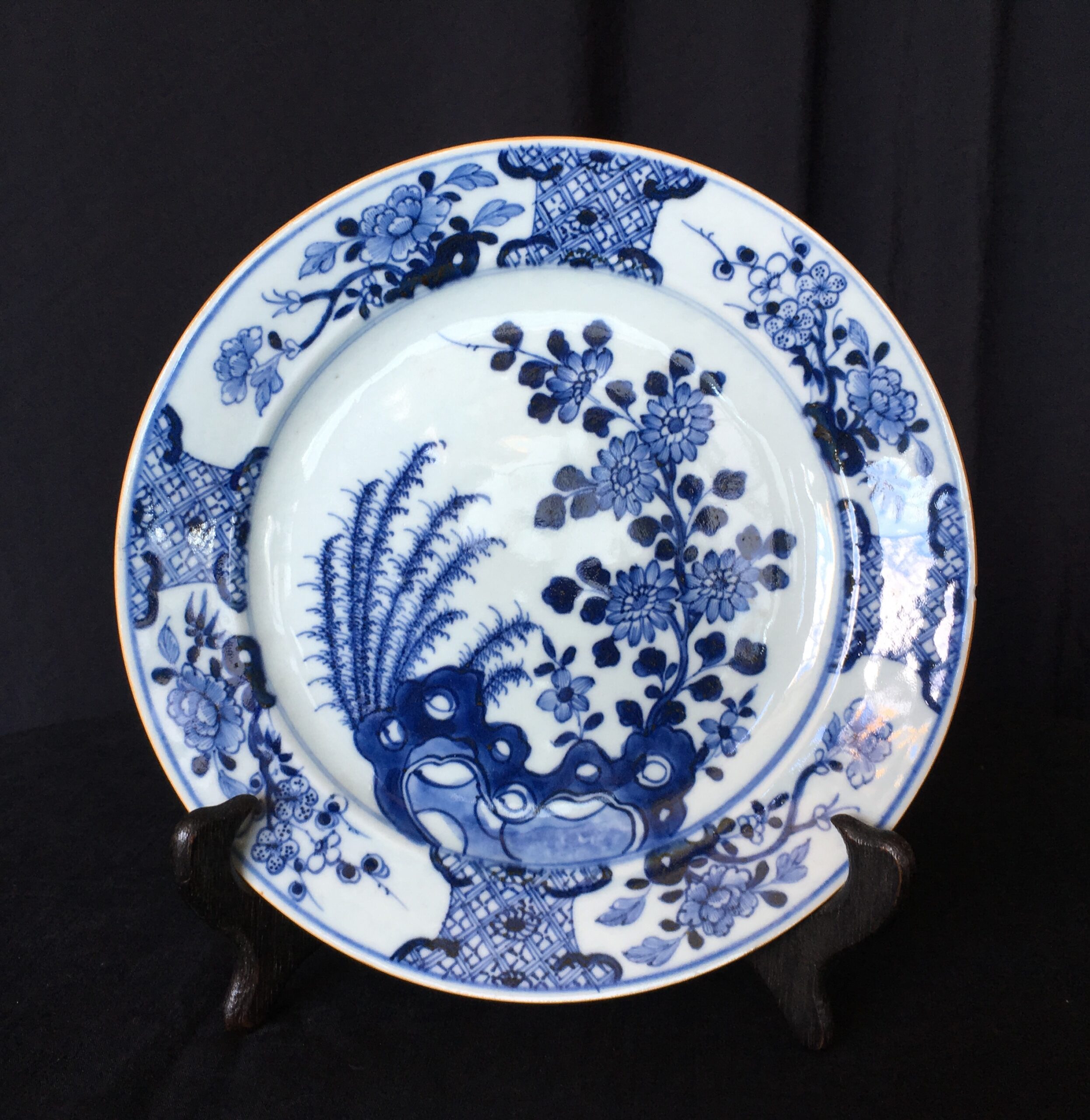 Chinese Export plate, rock & flower, c. 1740-0