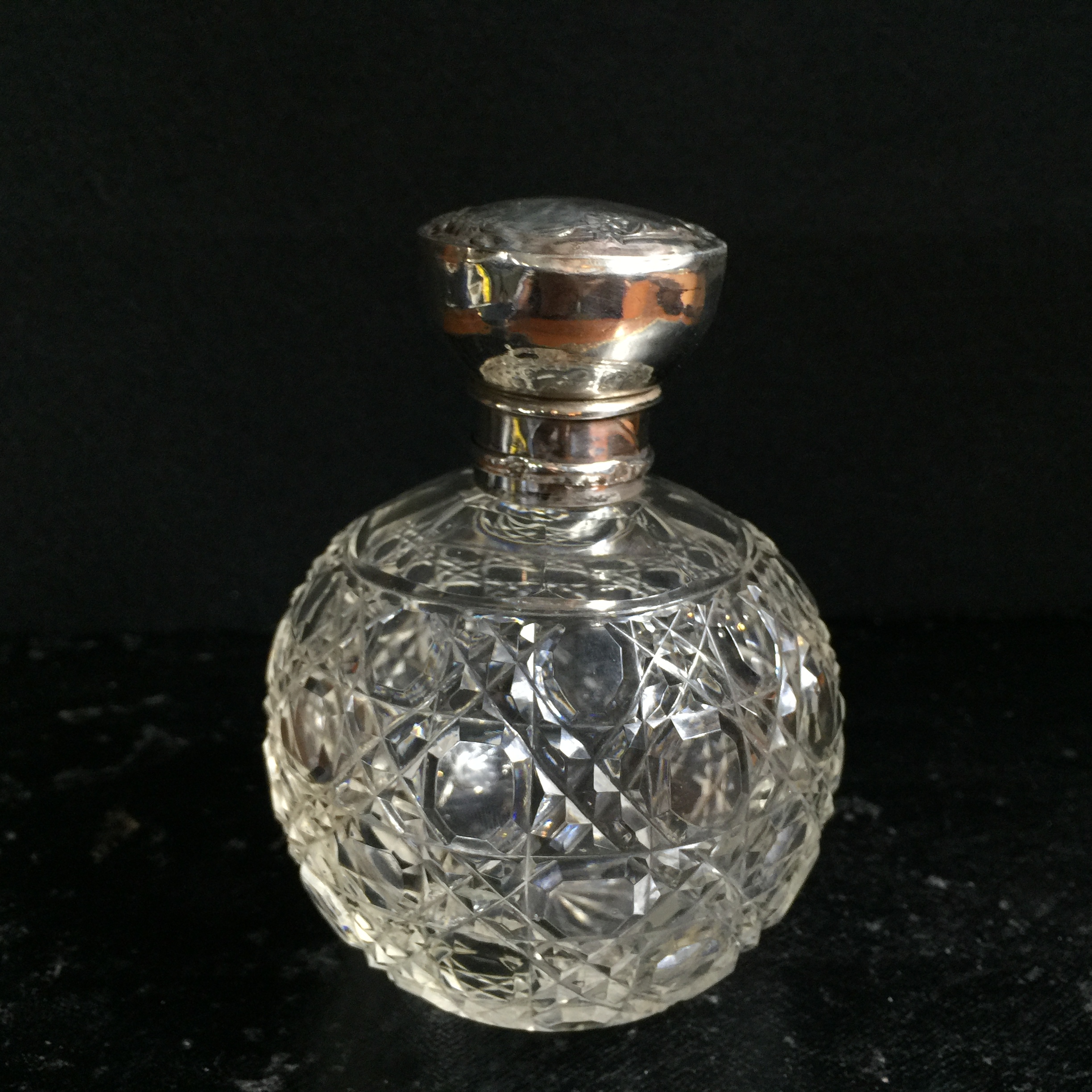 Edwardian cut glass perfume, hobnail cut with Sterling cap, Chester 1908-0