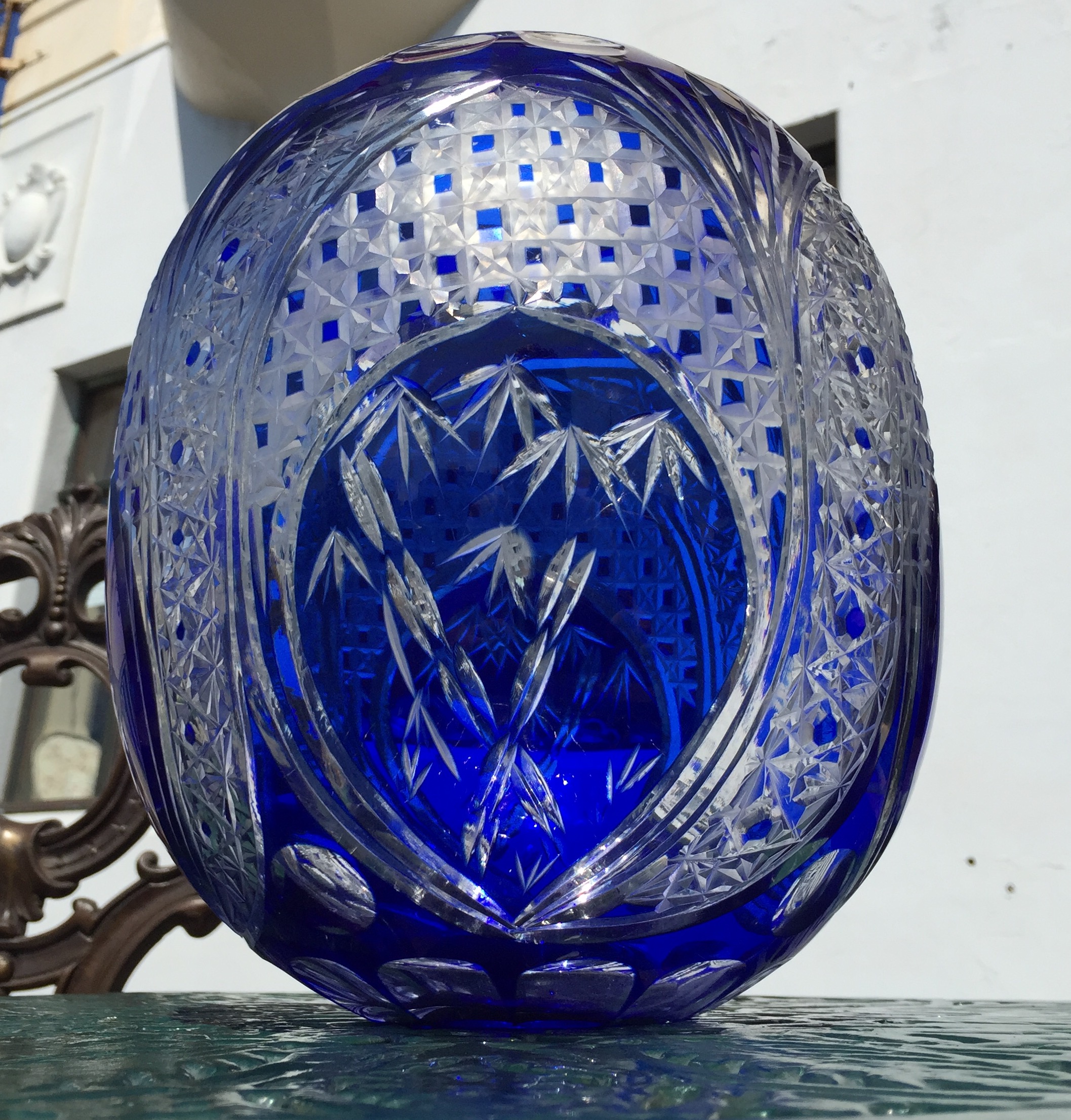 Large blue overlay vase with prunus & bamboo panels, c.1920-0