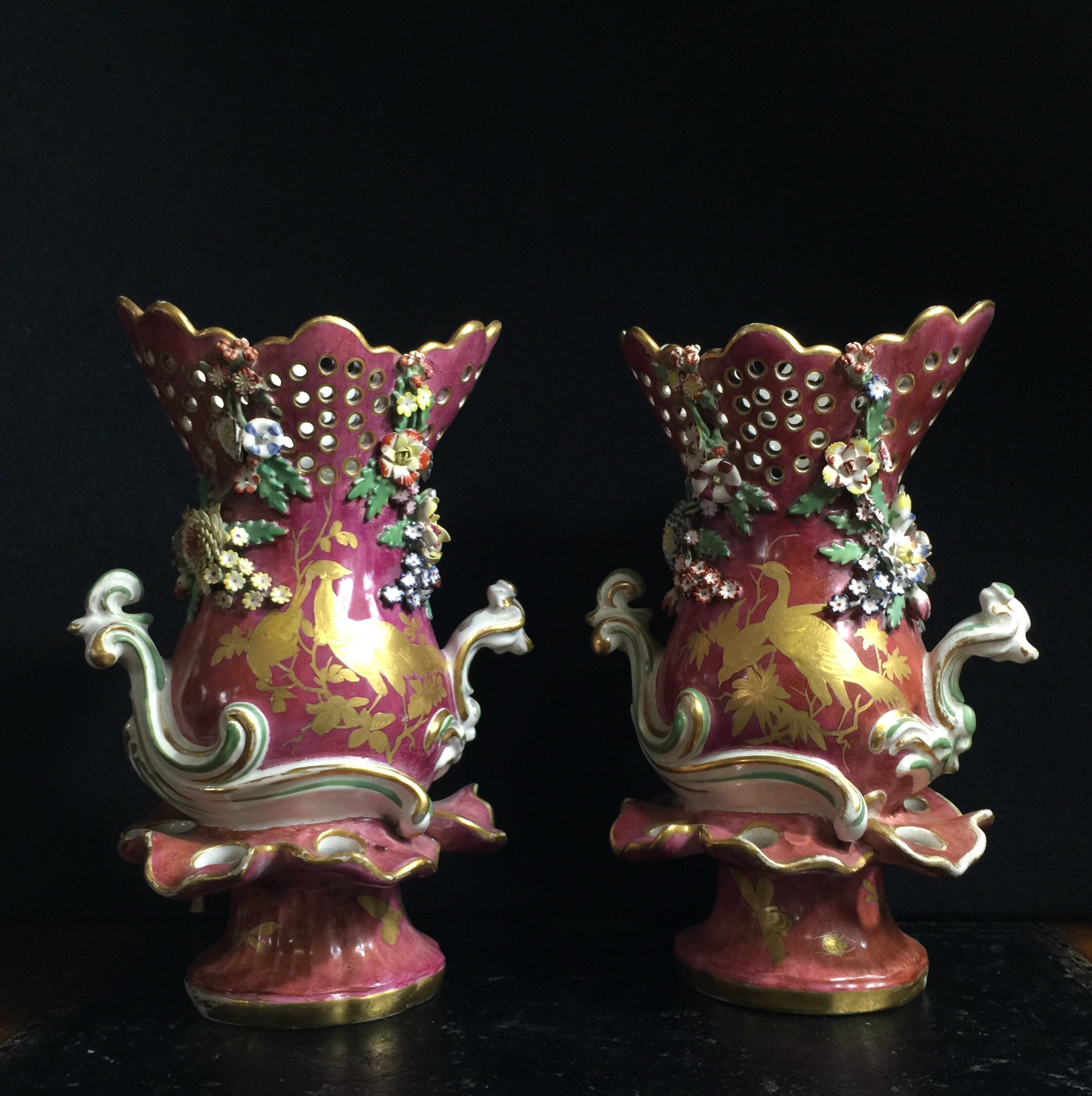 Pair of Chelsea Gold Anchor vases, gilt birds, c. 1770 -0