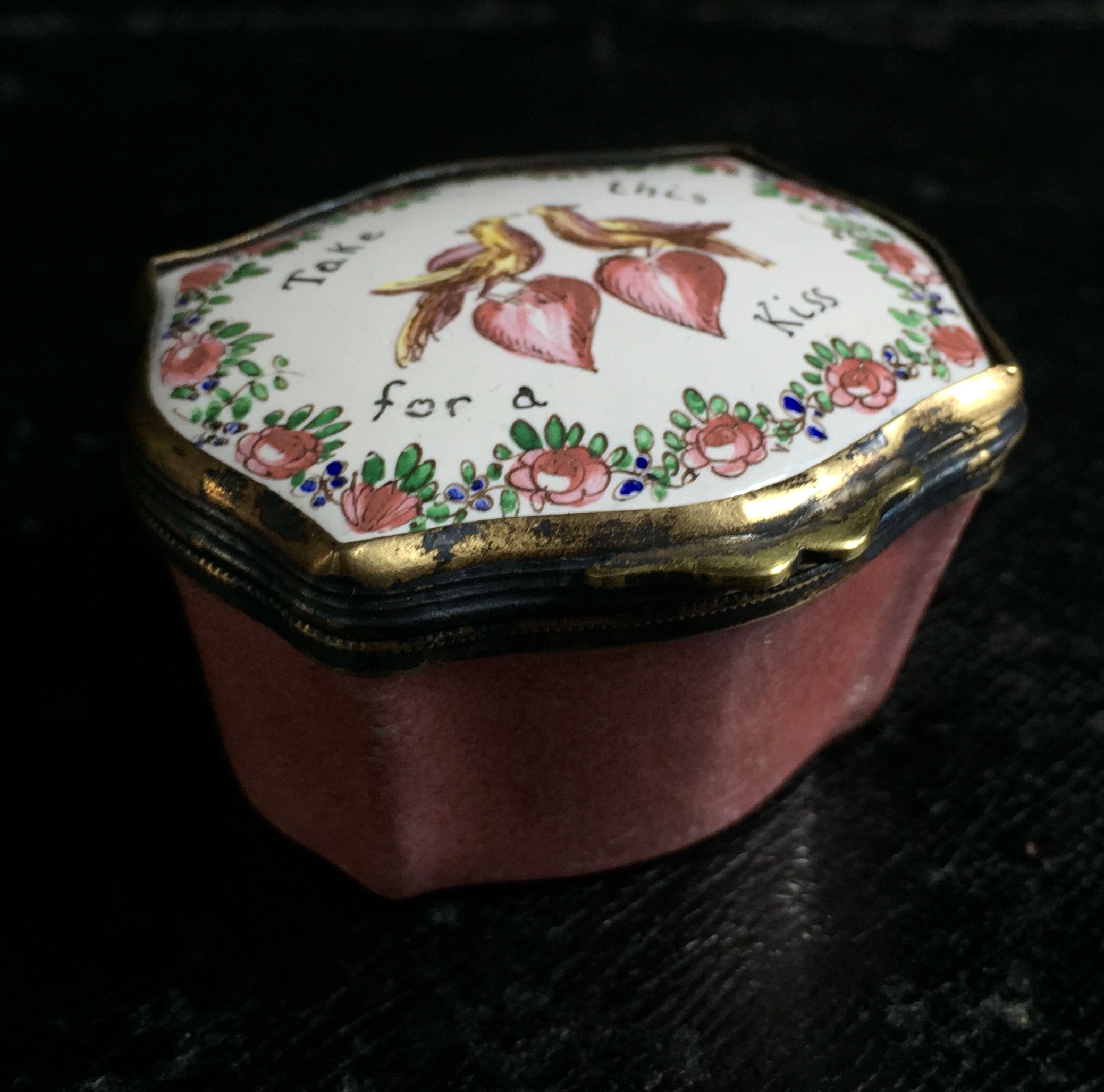 French enamel box, 'Take this for a kiss', Samson of Paris, c. 1890-0