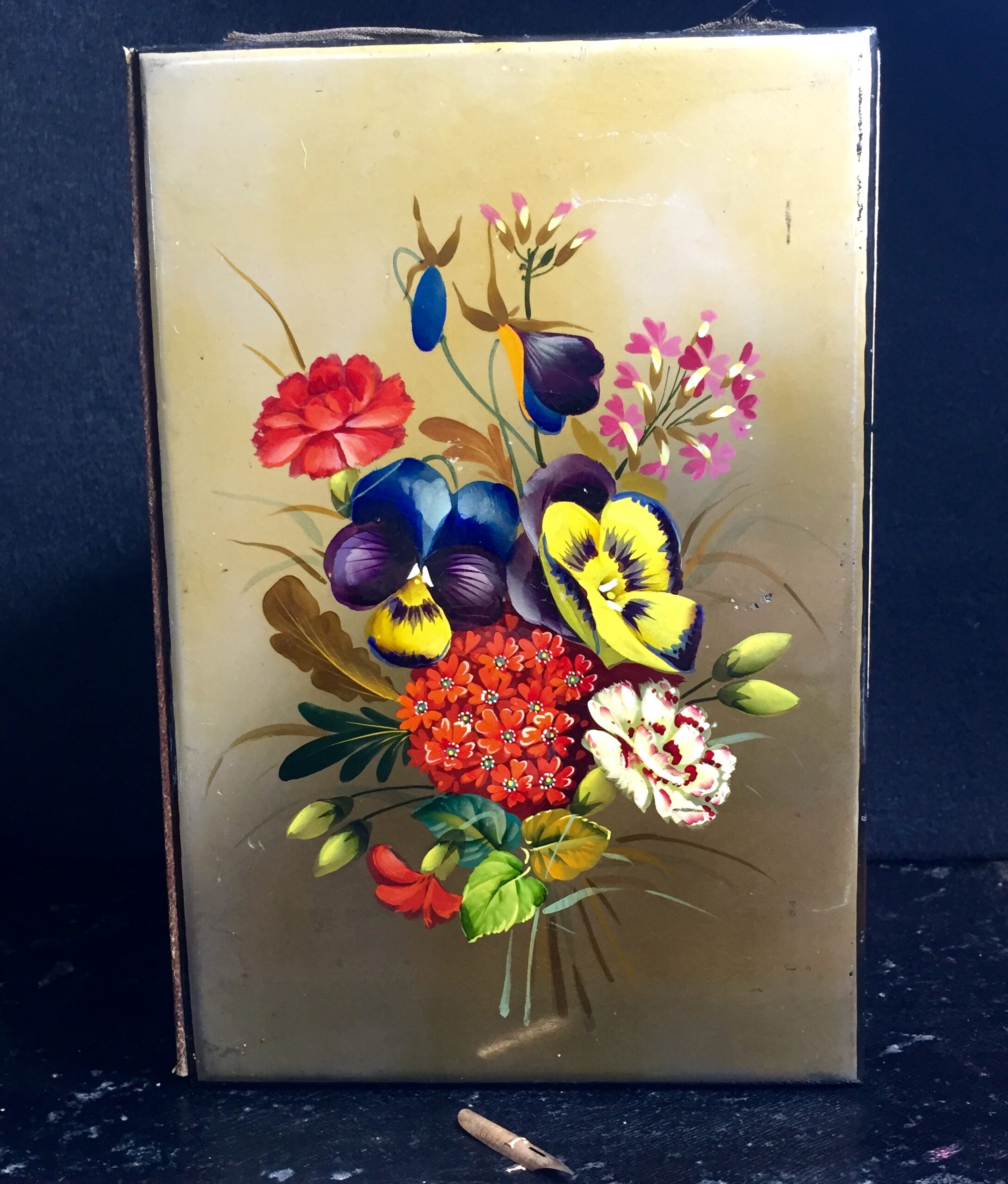 Quality Victorian paper mache blotter cover, flowers, circa 1860-0