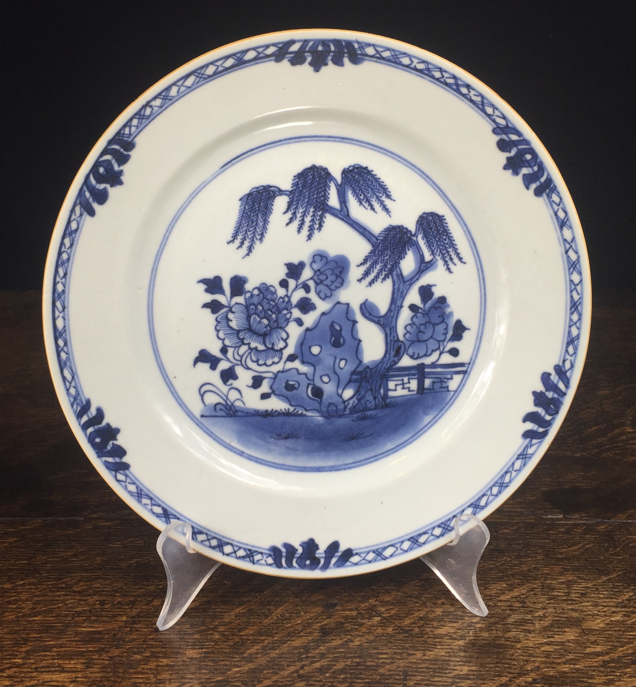 Chinese Export blue & white plate, willow & peony, c. 1750-0