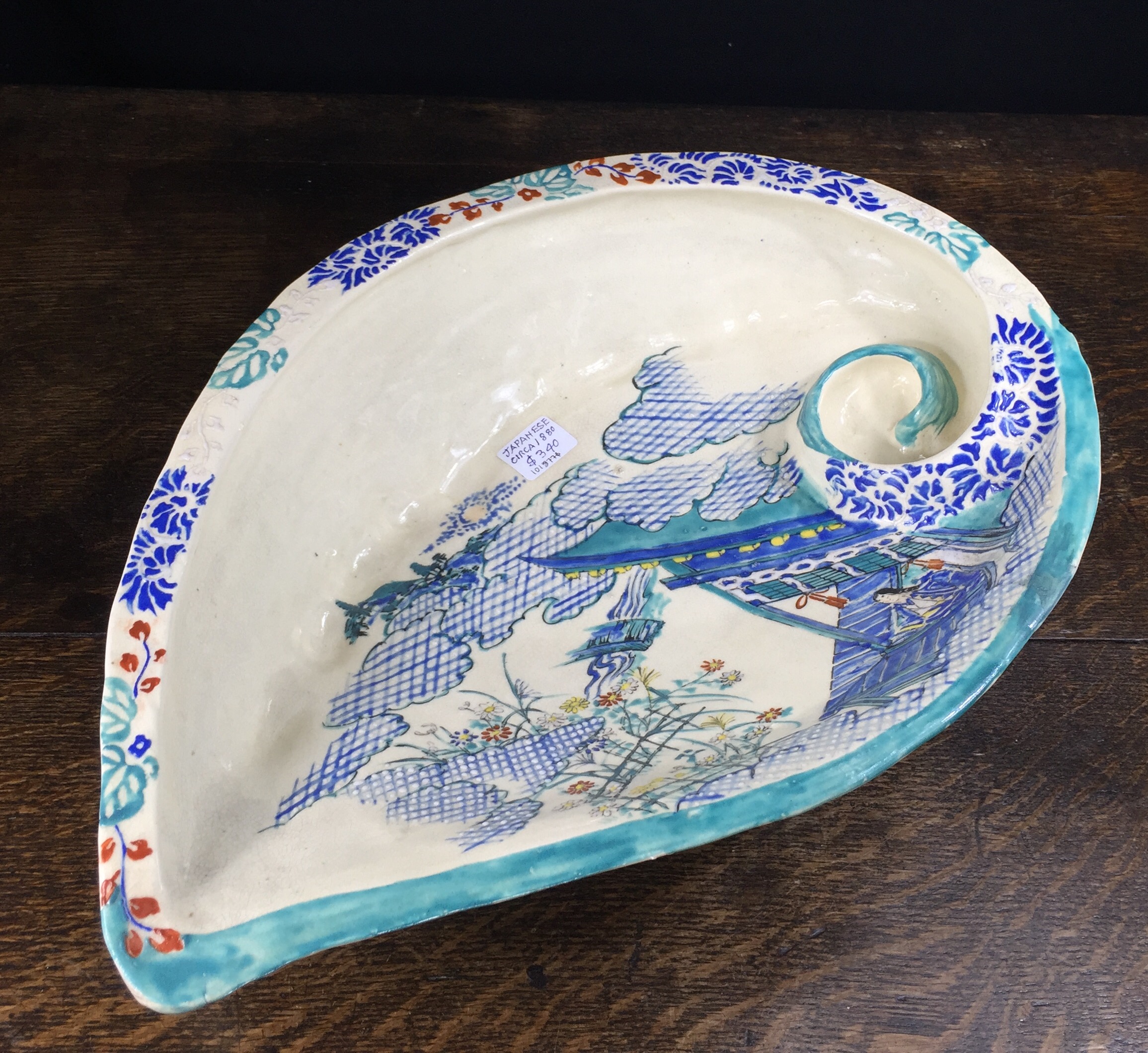 Large Japanese pottery abalone shell dish, pavilion scene, c.1880-0