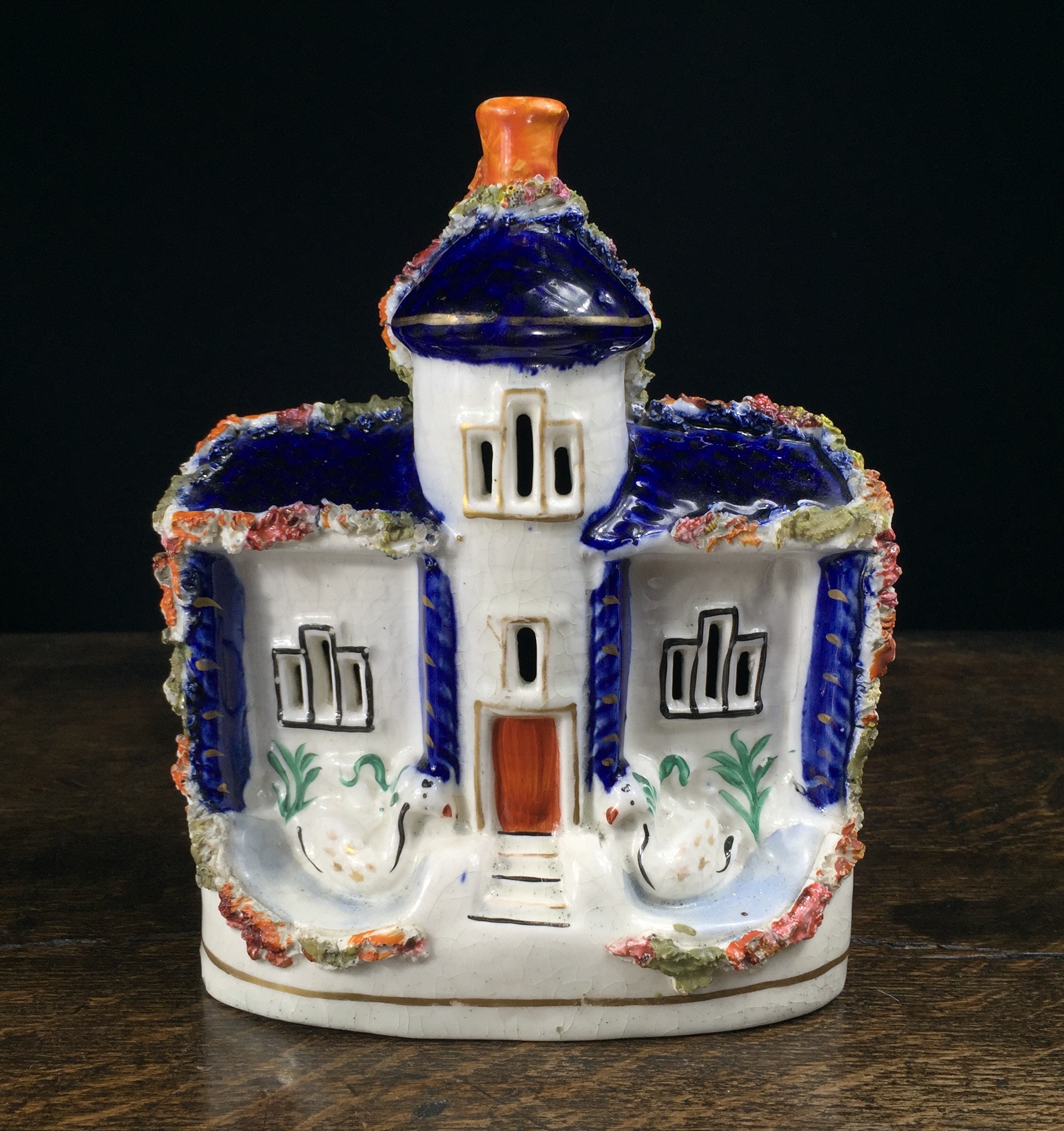 Staffordshire tower house, blue roof with 2 swans, c. 1880 -0