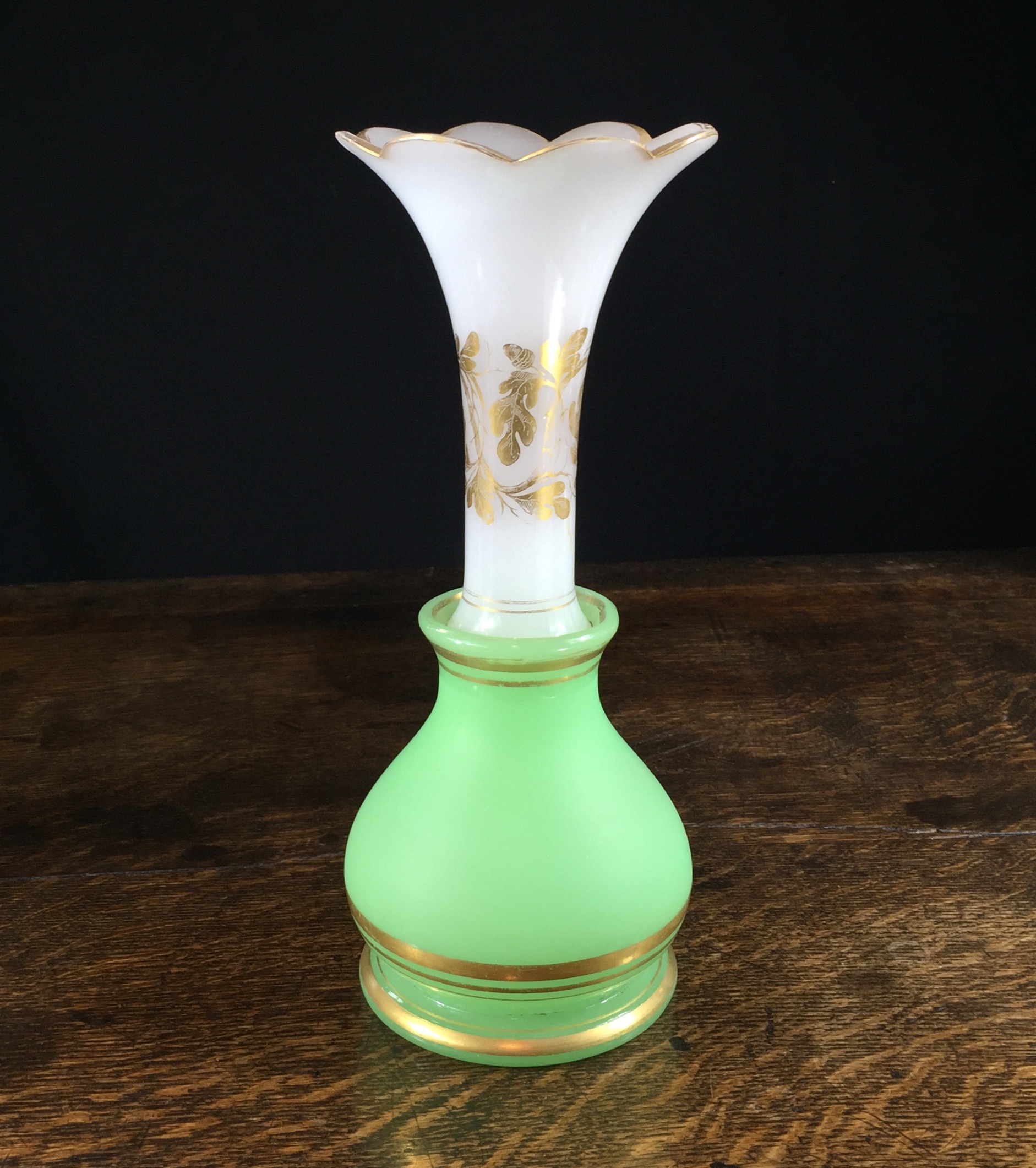 Victorian glass vase, green & white, gilt acorns & oakleaves, circa 1870-0