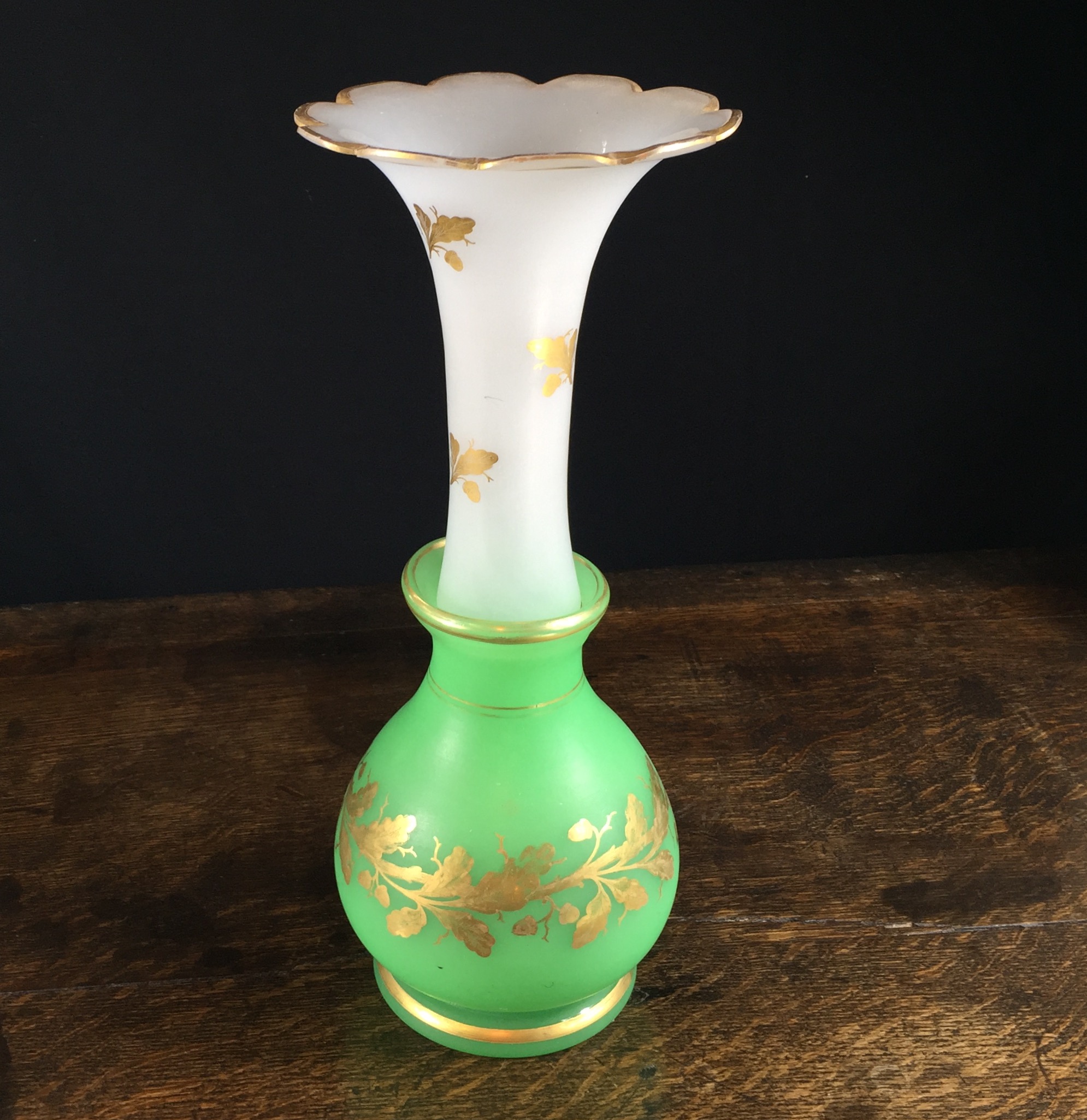 Victorian Glass Vase Green And White Gilt Acorns And Oakleaves C 1870 Moorabool Antiques Galleries