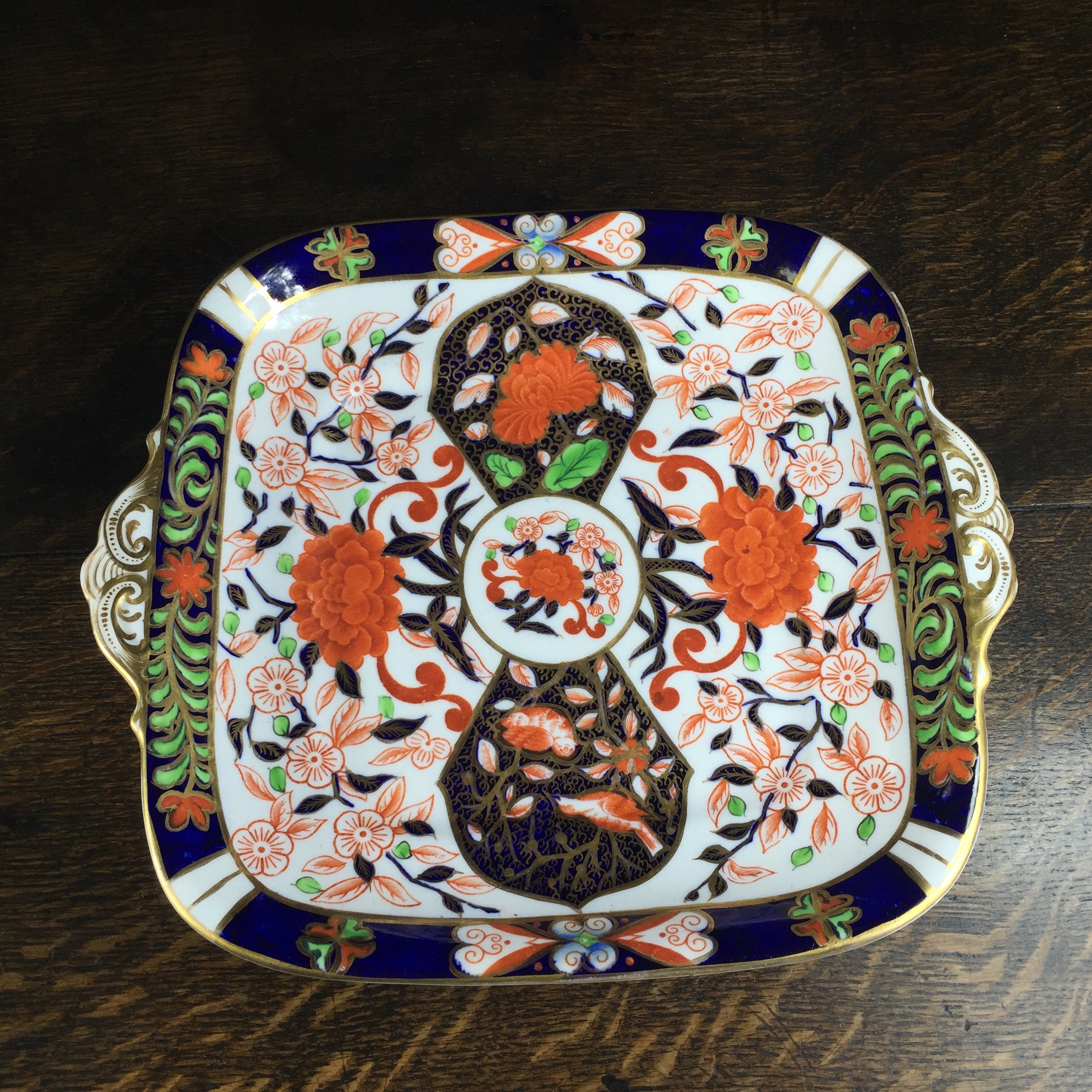 Derby Imari square dish, blossom & birds, 1887-0