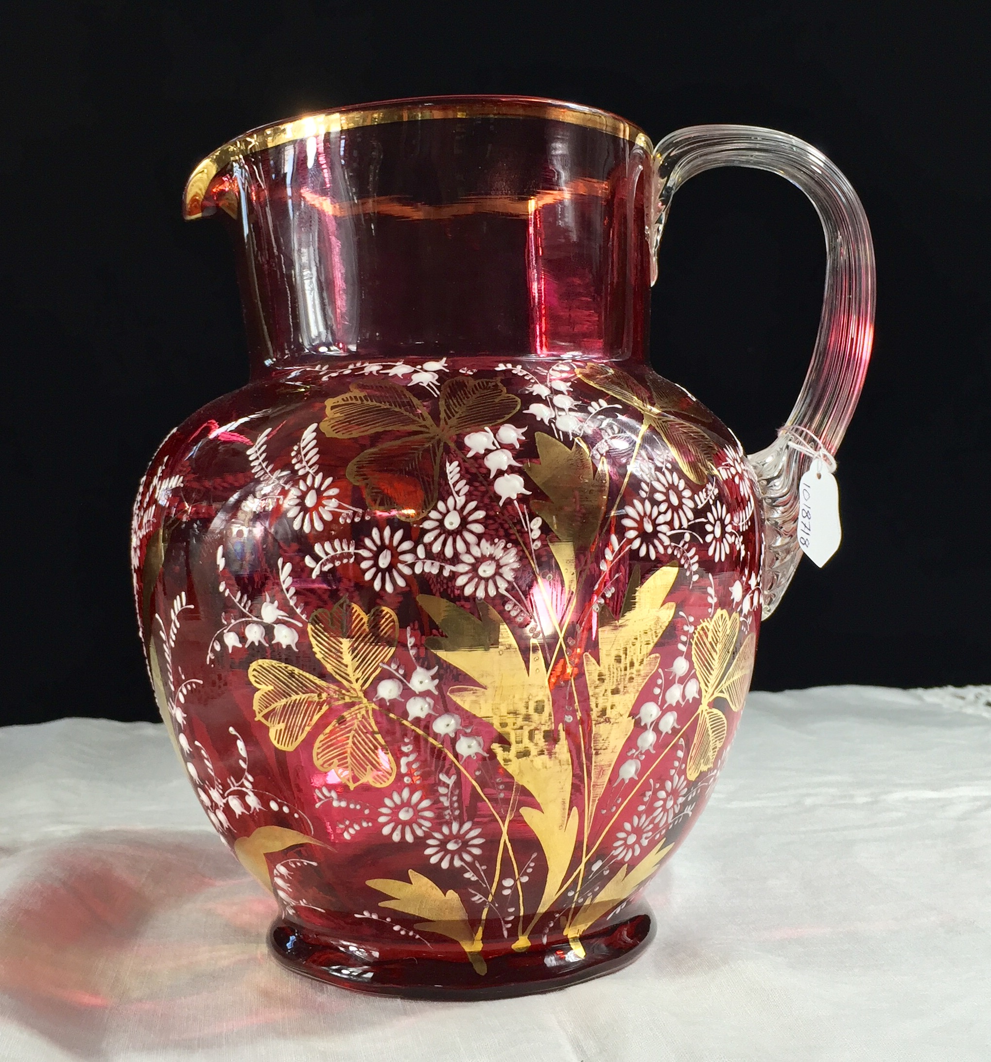 Victorian ruby glass jug, enamelled flowers, Moser? circa 1890-0