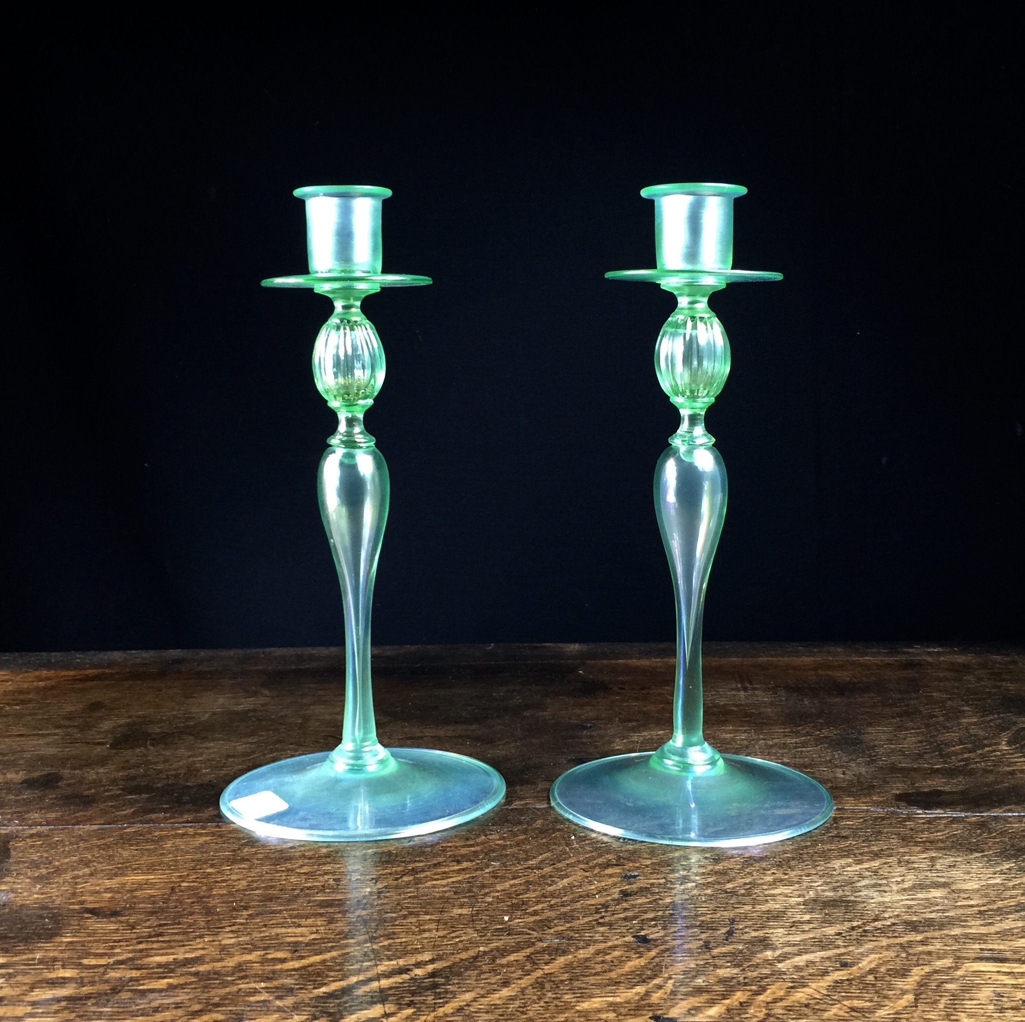 Pair of superb quality iridescent glass candlesticks, French or American, c. 1920-0