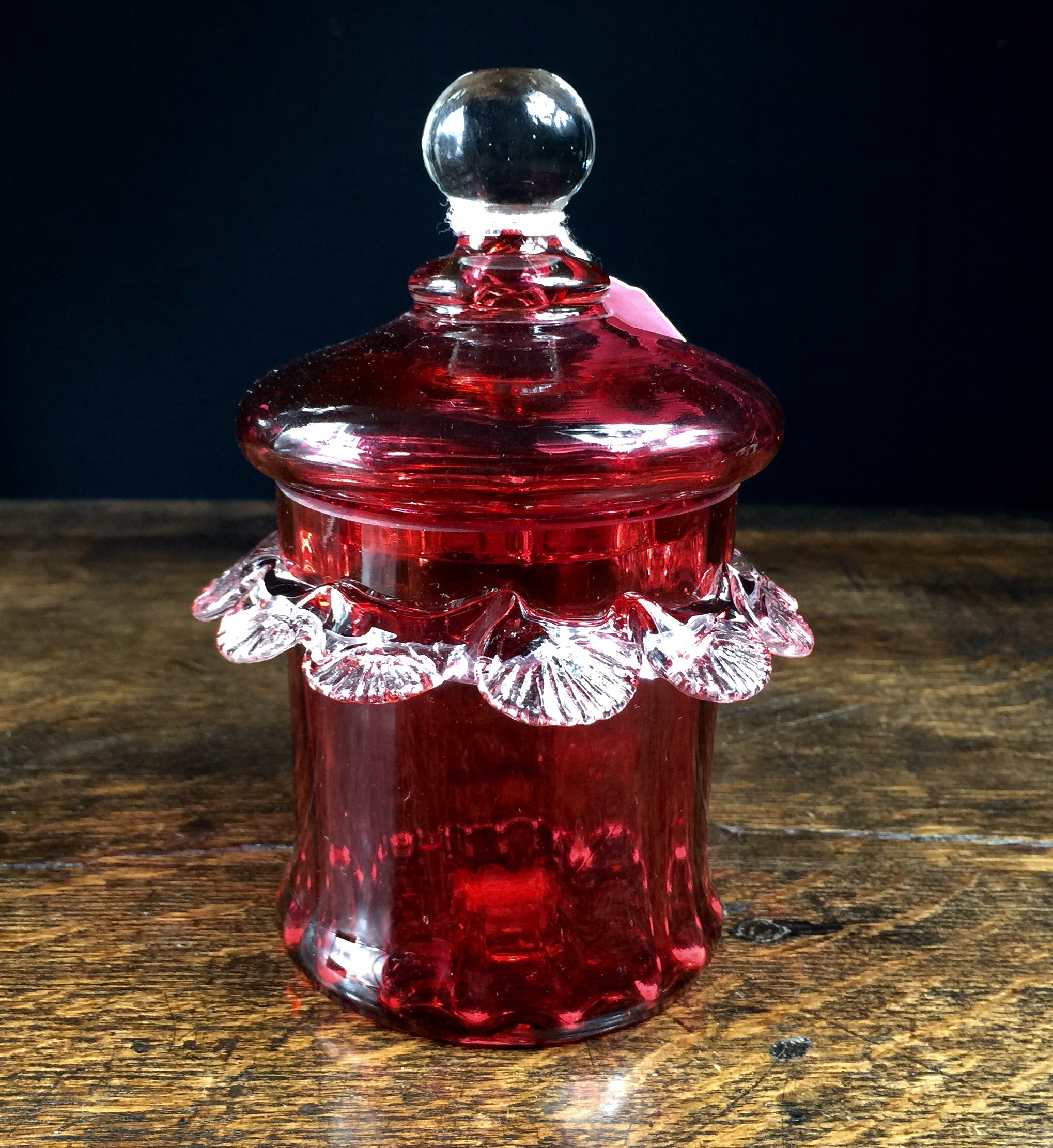 Victorian ruby glass covered jam jar, circa 1890-0