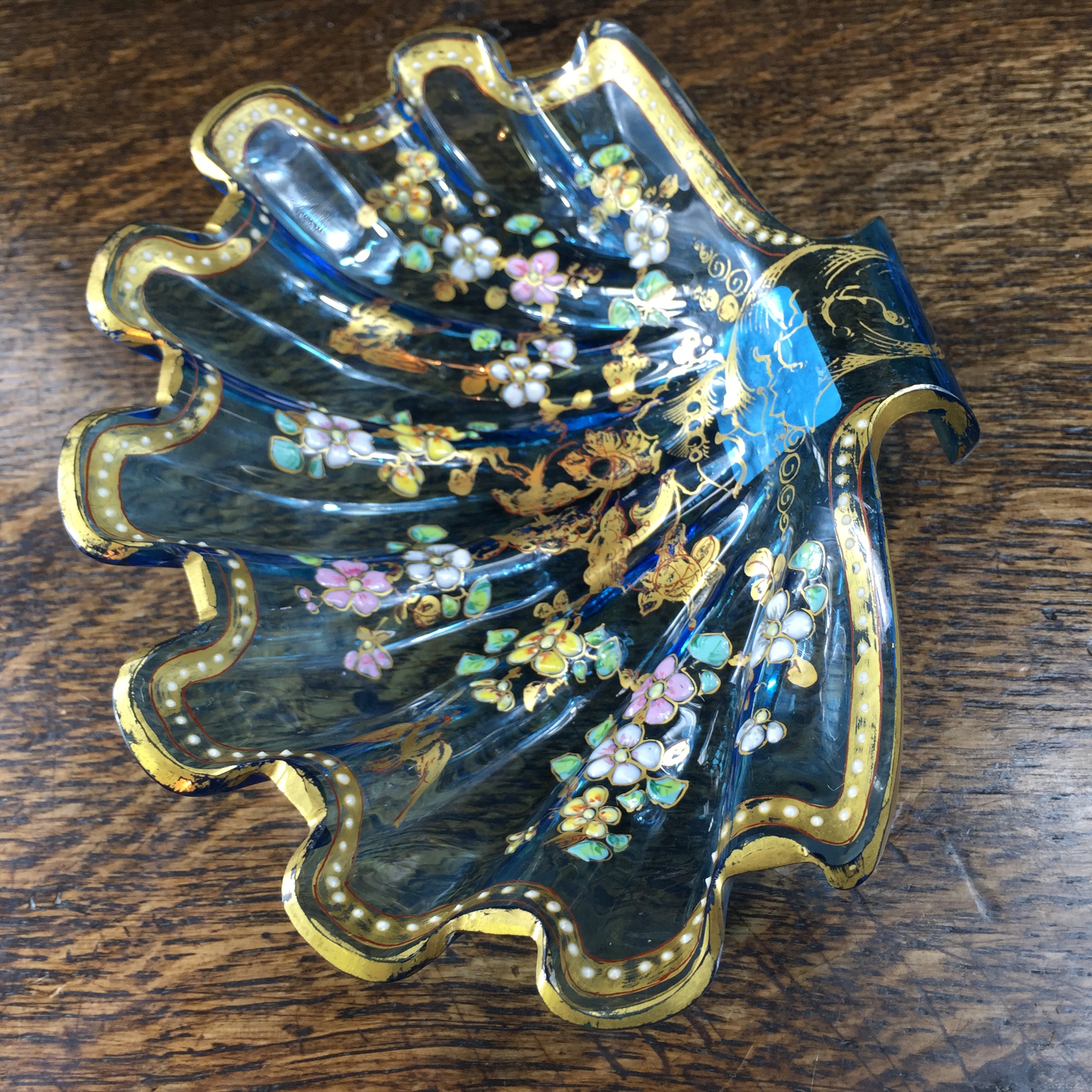 Blue glass shell dish with Moser style decoration, c.1880-0