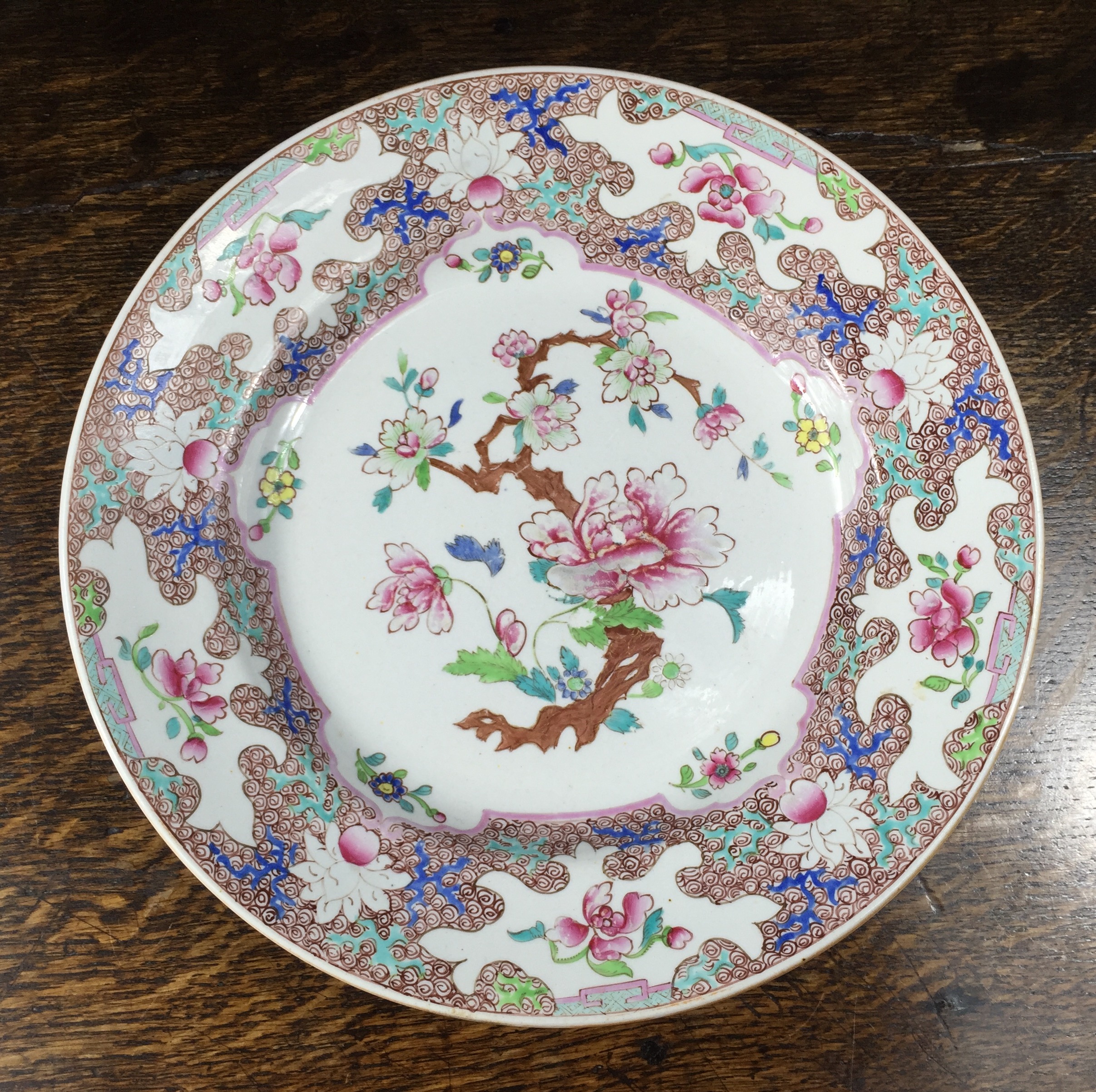 Ironstone plate with peony pattern, hand painted, c. 1820-0