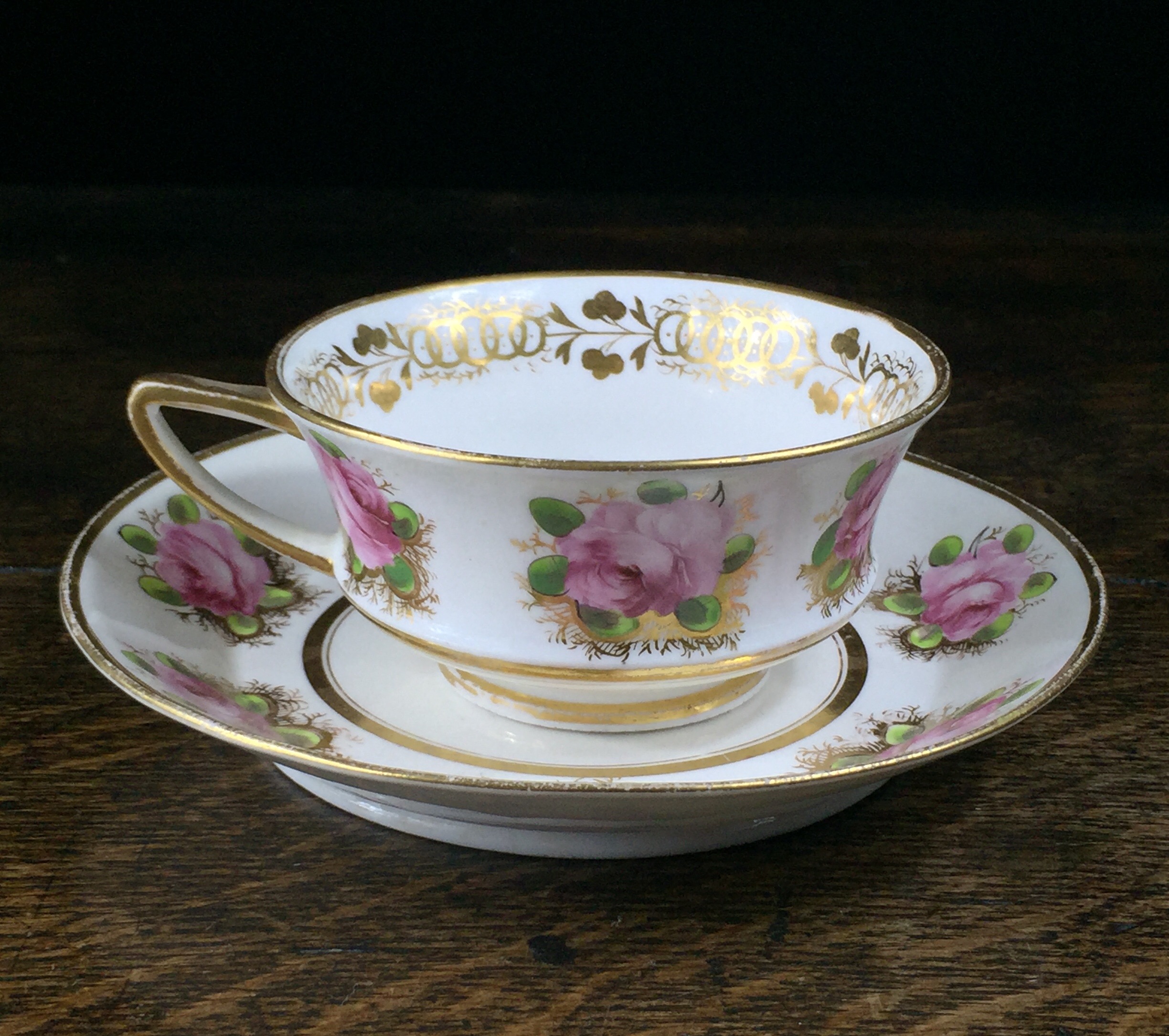 Davenport Etruscan shape cup & saucer, rose pattern, c.1820-0