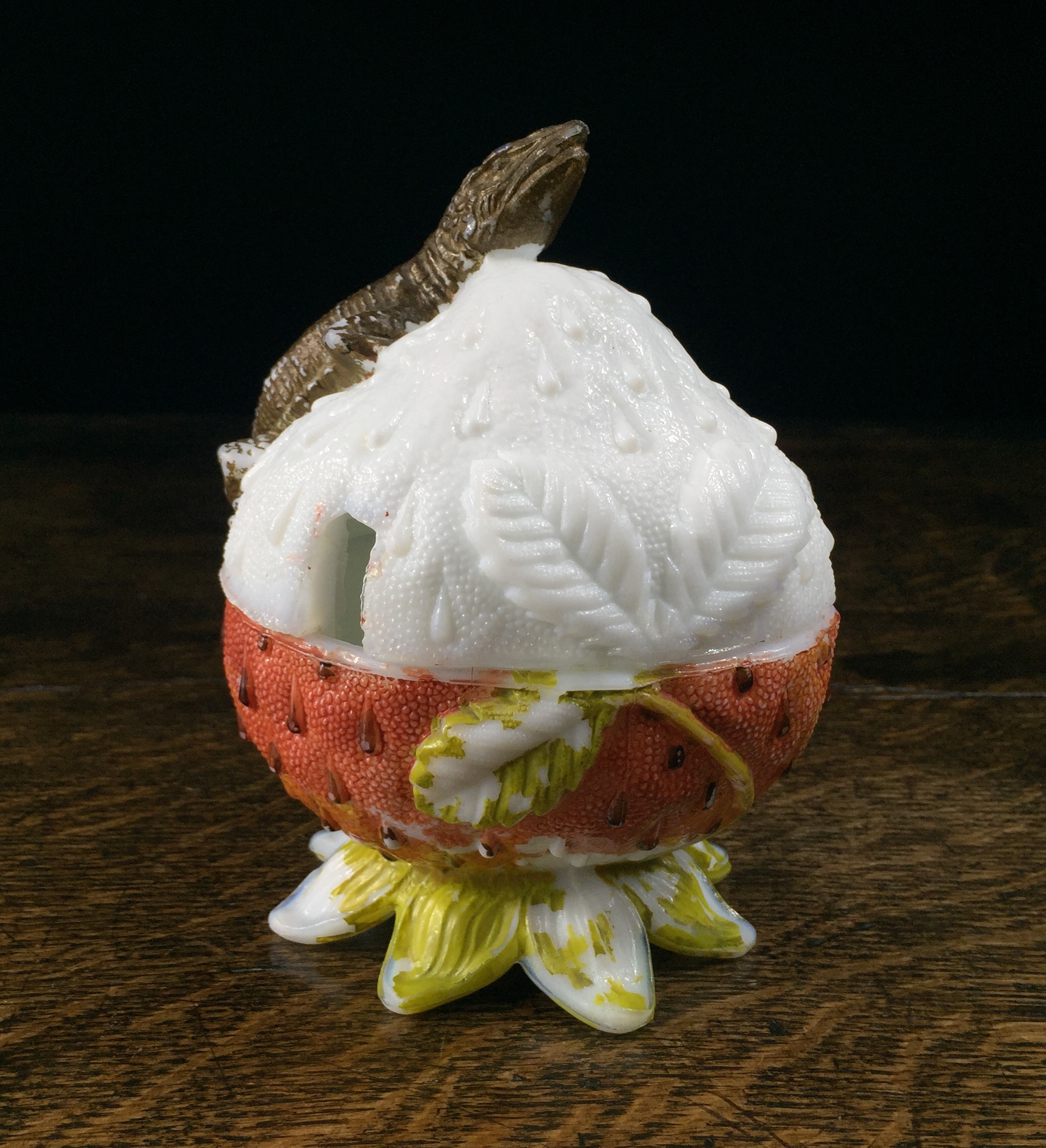 Victorian Milkglass jampot, Strawberry with Lizard, c. 1890-0