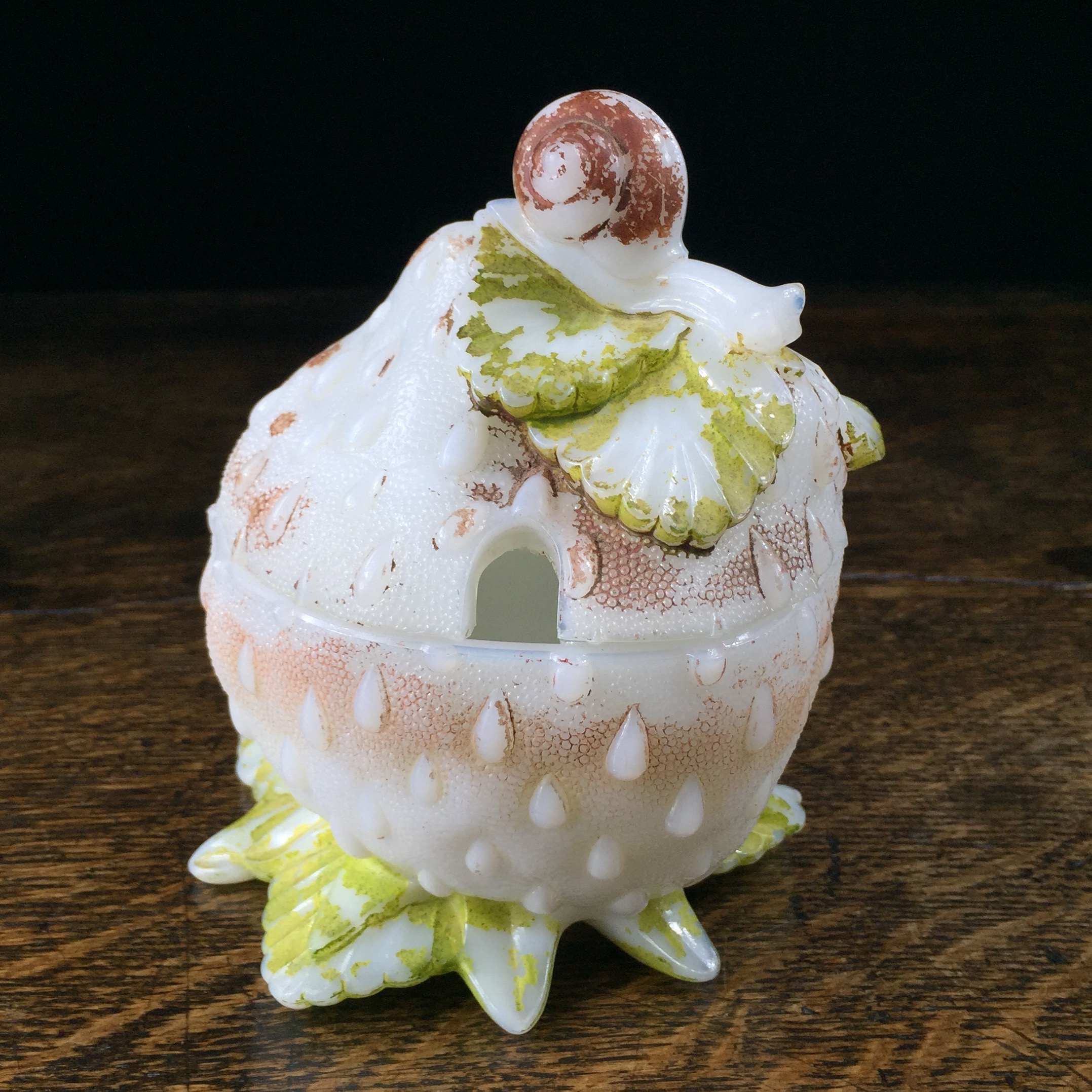 Victorian Milkglass jampot, Strawberry with Snail, c. 1890-0