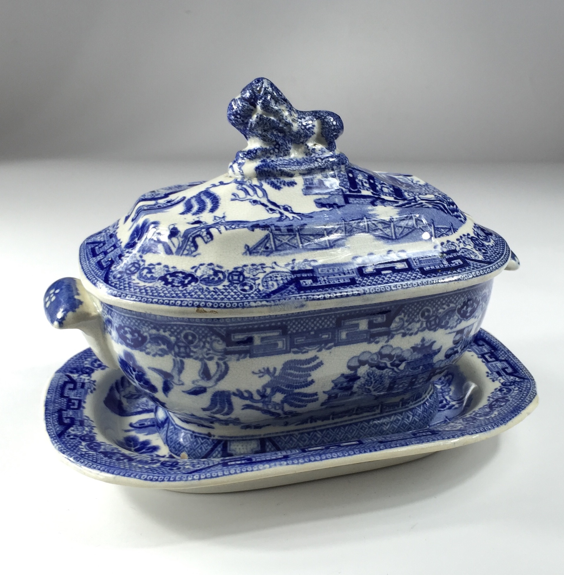 Willowpattern small sauce tureen & stand, Thomas Godwin, c. 1850-0