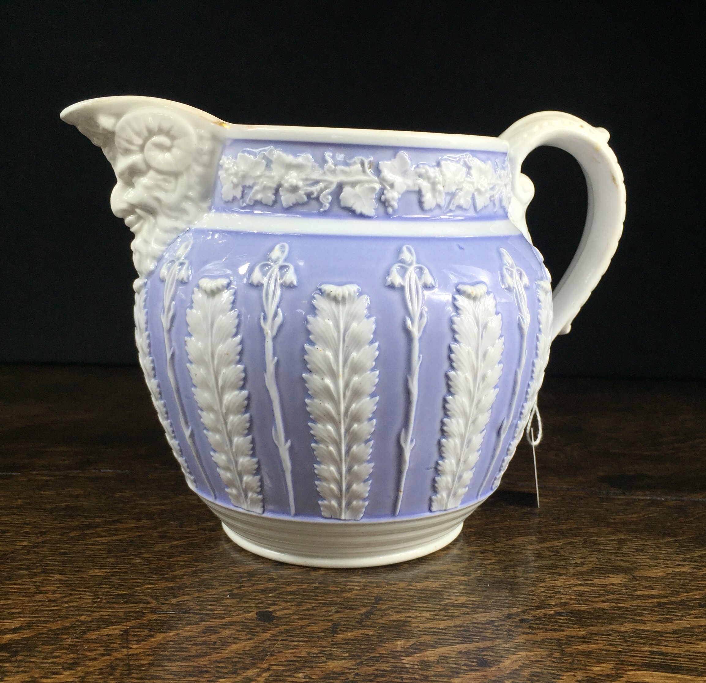 Ridgway moulded jug with bellflower & acanthus on blue ground, c. 1820 -0