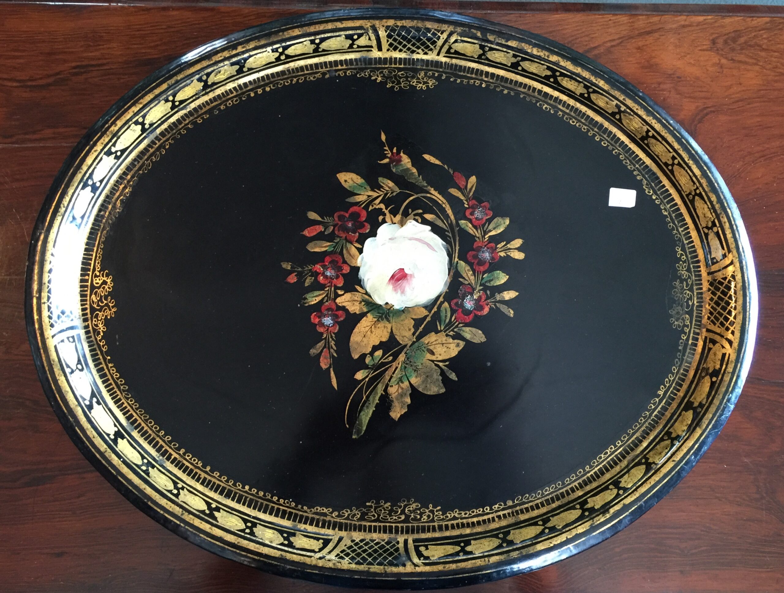 Victorian Toleware oval tray, flowers & gilt, c. 1860-0