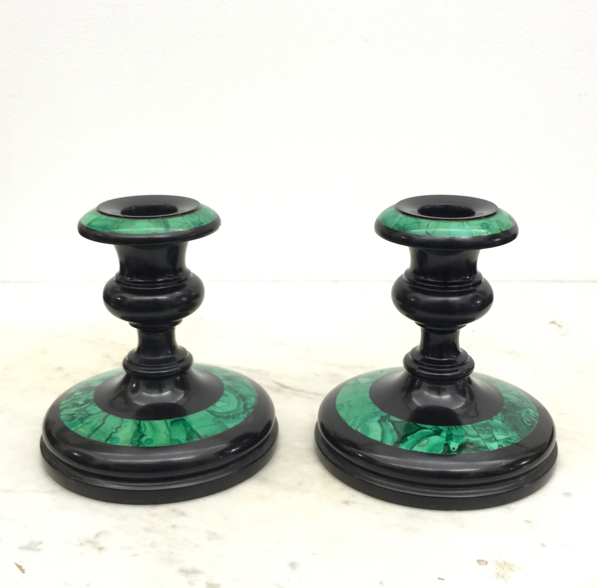 Victorian stone candlesticks, malachite & slate, circa 1870-0