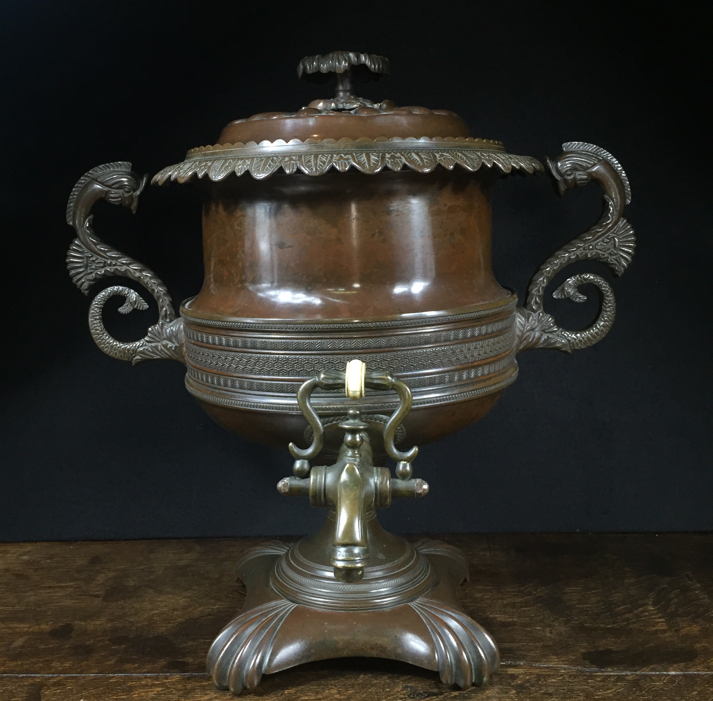 Copper William IV samovar with dolphin handles and sun flower knob. c.1830-0