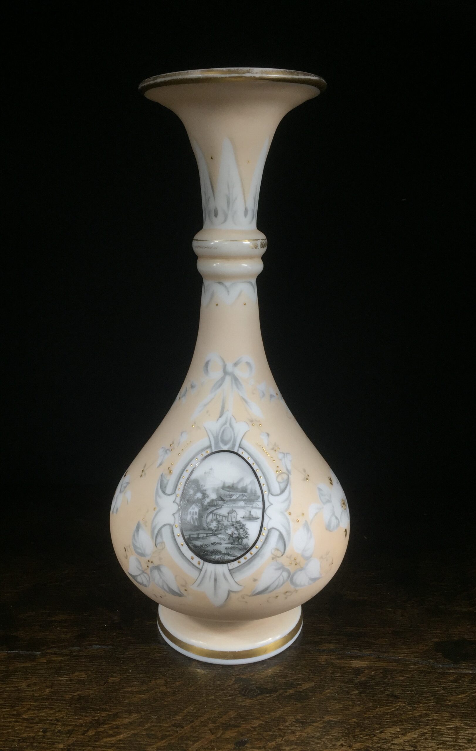 English Victorian milk glass vase with flowers and a port side scene. c. 1870 -0