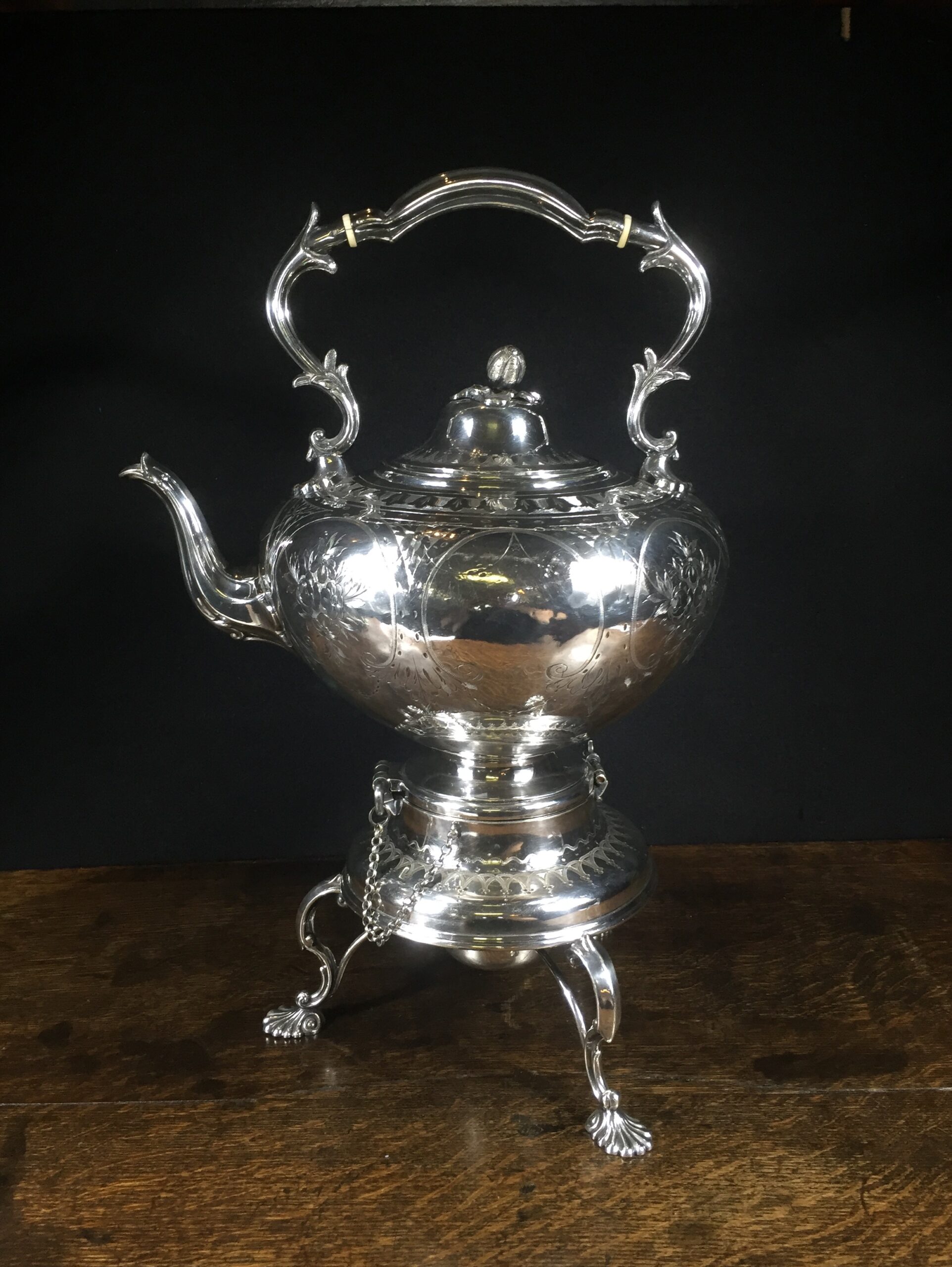 Plated tea urn on stand with burner, c. 1855-0