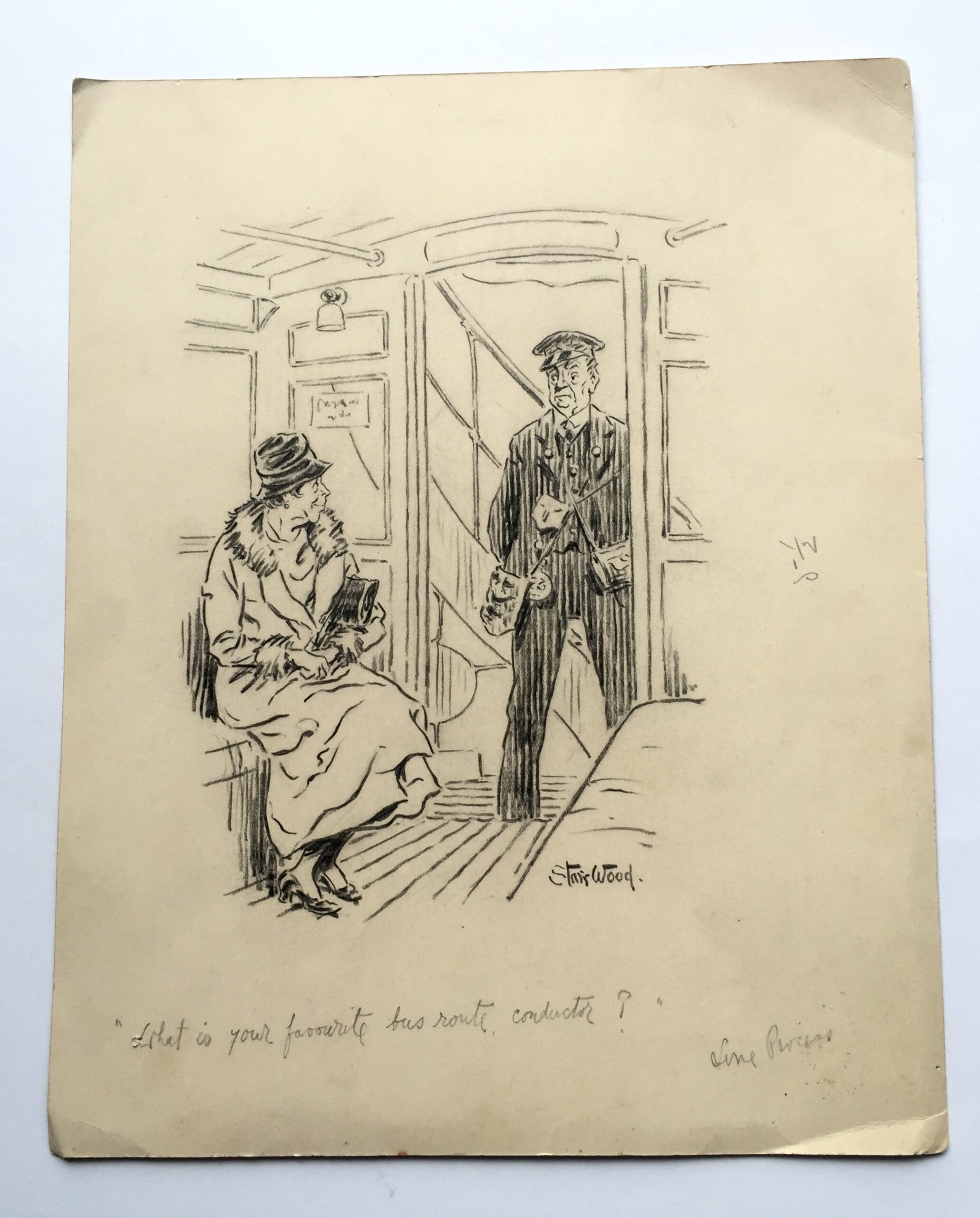 Stair Wood cartoon- What is your favourite bus route, conductor? c.1925-0