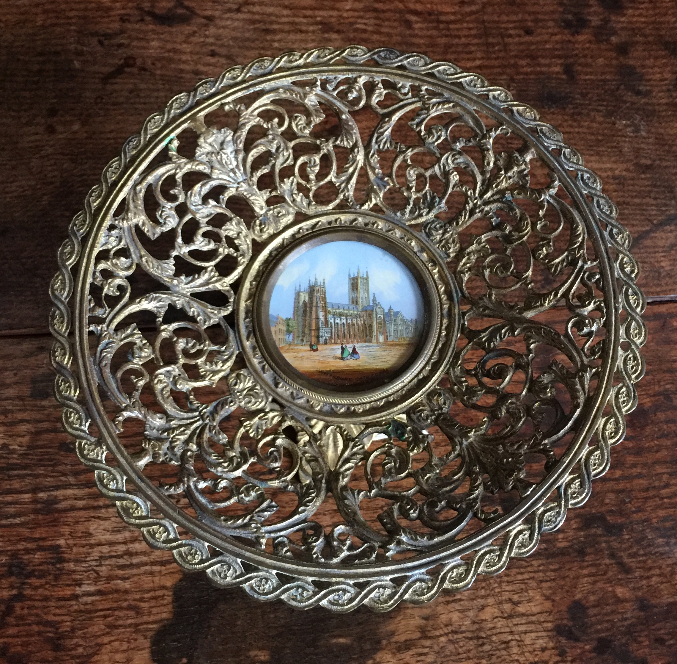 Coalbrookdale ormolu card comport with insert of Canterbury Cathedral c.1851 -0