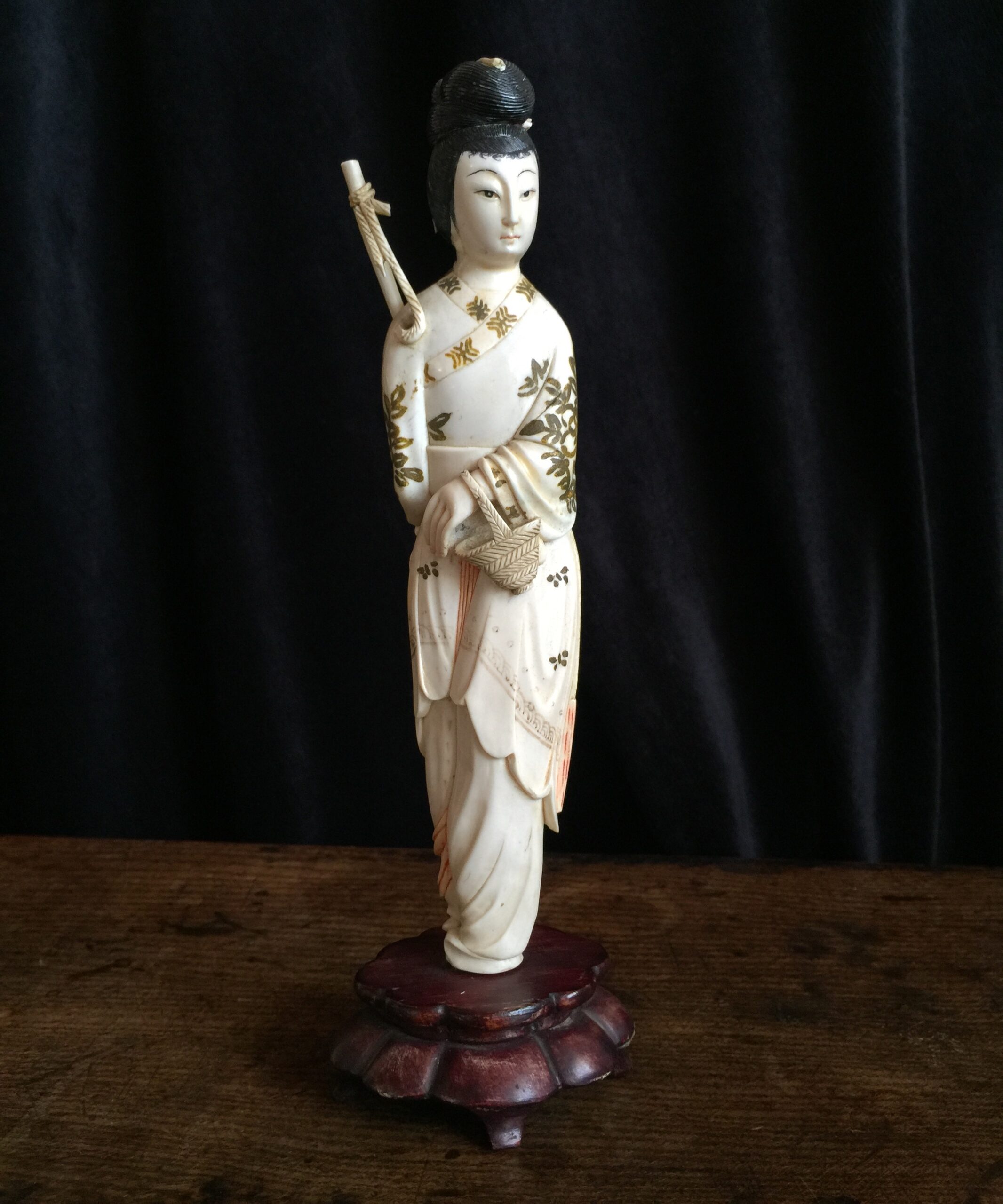 Chinese ivory girl with bird catcher, circa 1900 -0