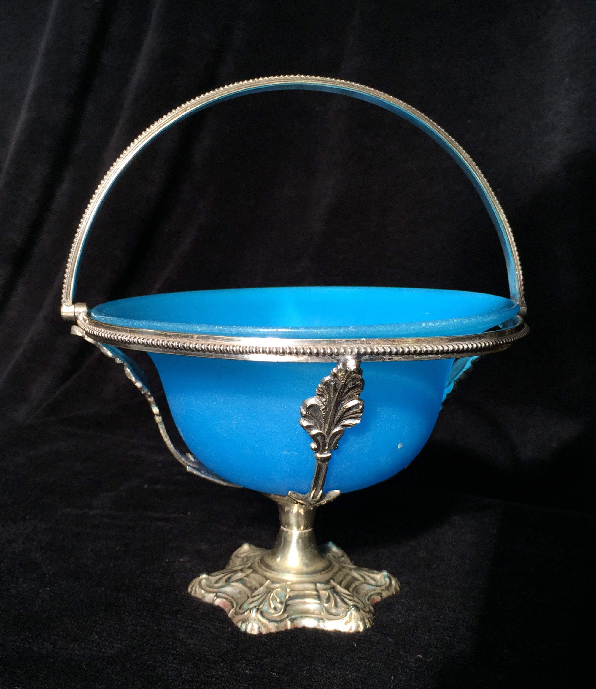 Victorian plated serving basket with blue glass insert, c.1890-0