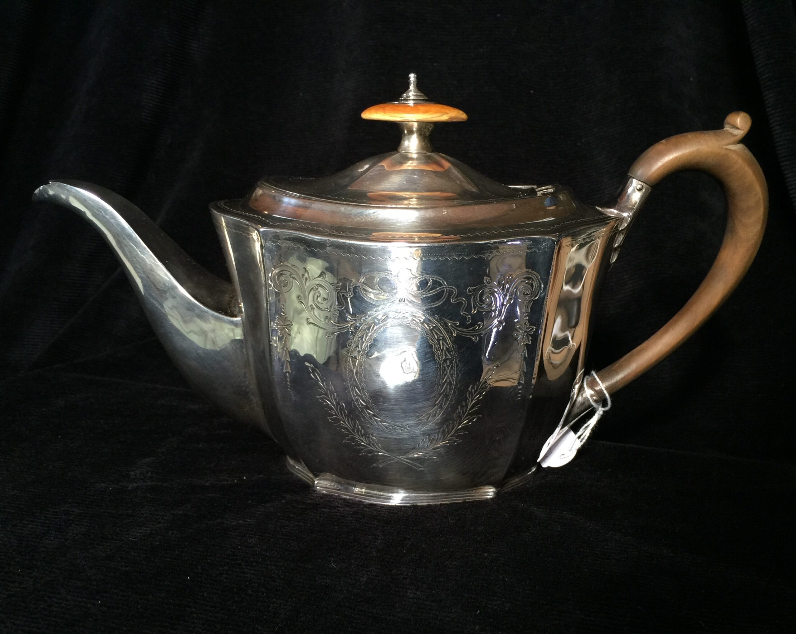 Sterling silver teapot, hallmarked London 1795 with ivory knob and family crest -0