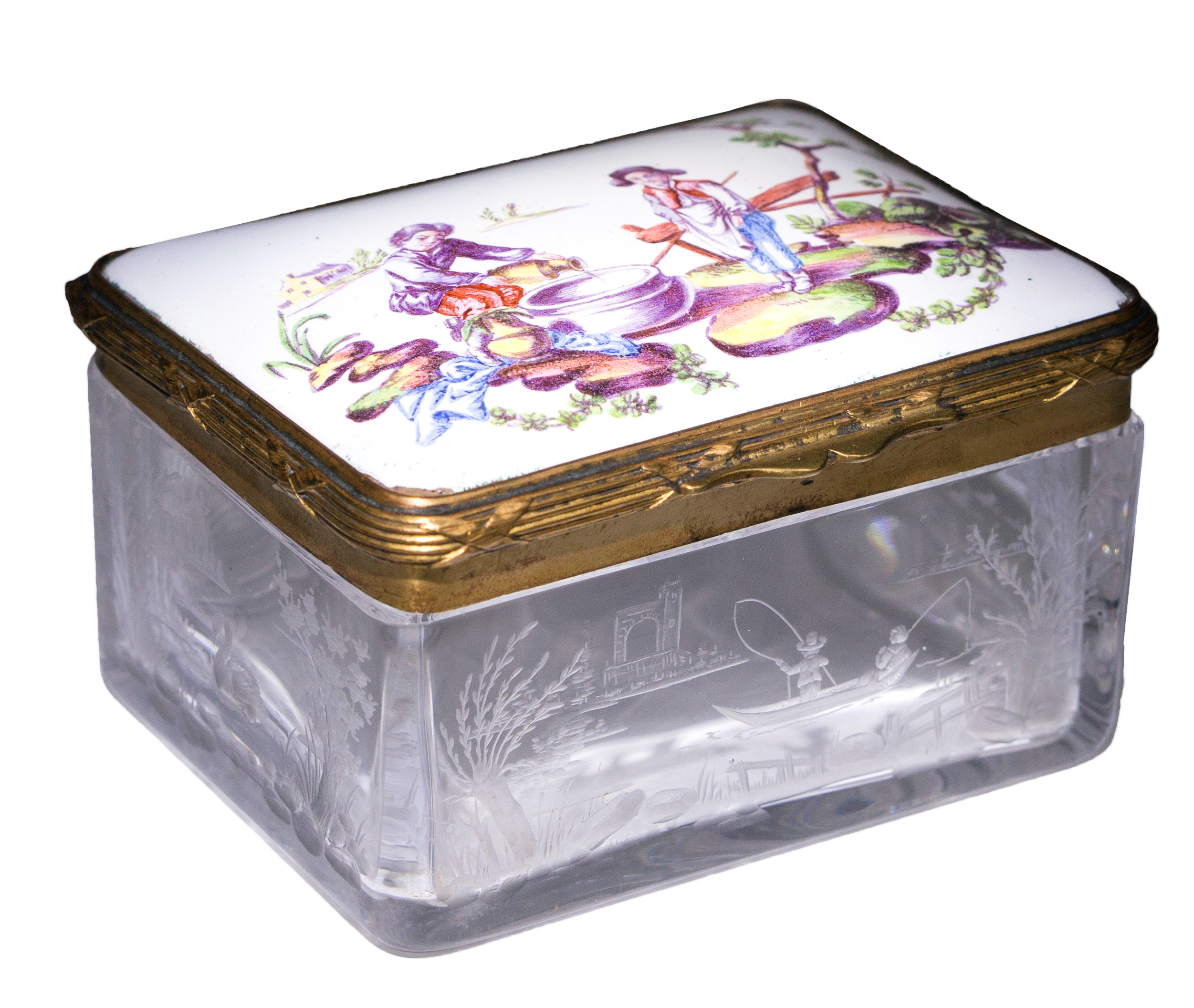 German enamel & Silesian glass box, finely engraved scenes, mid 18th century-0