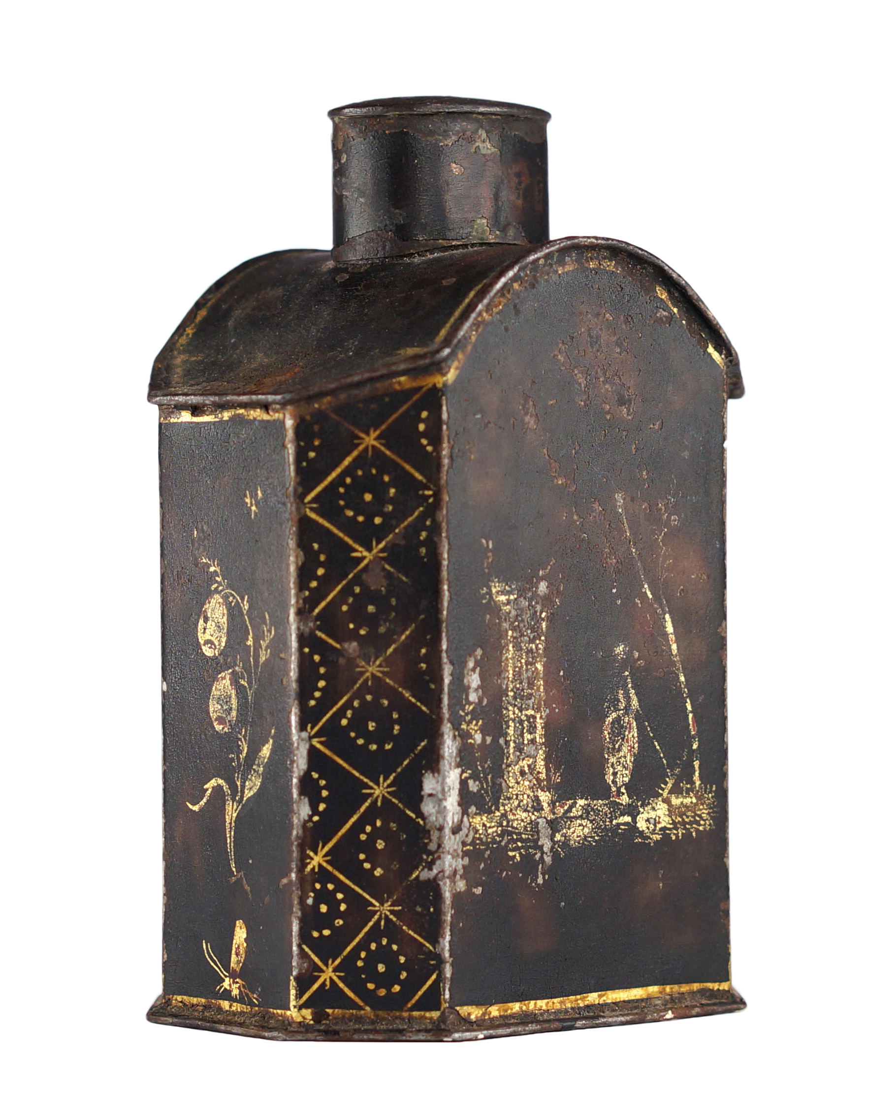 Pontypool (Wales) toleware tea canister, Chinoiserie lacquer decoration, c. 1750-0