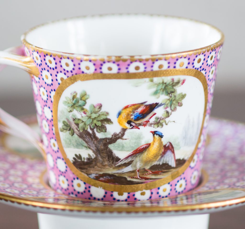 Sevres socketed cup & saucer with birds by Chappuis, 1765-15579