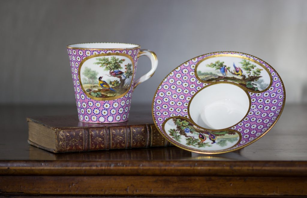Sevres socketed cup & saucer with birds by Chappuis, 1765-0