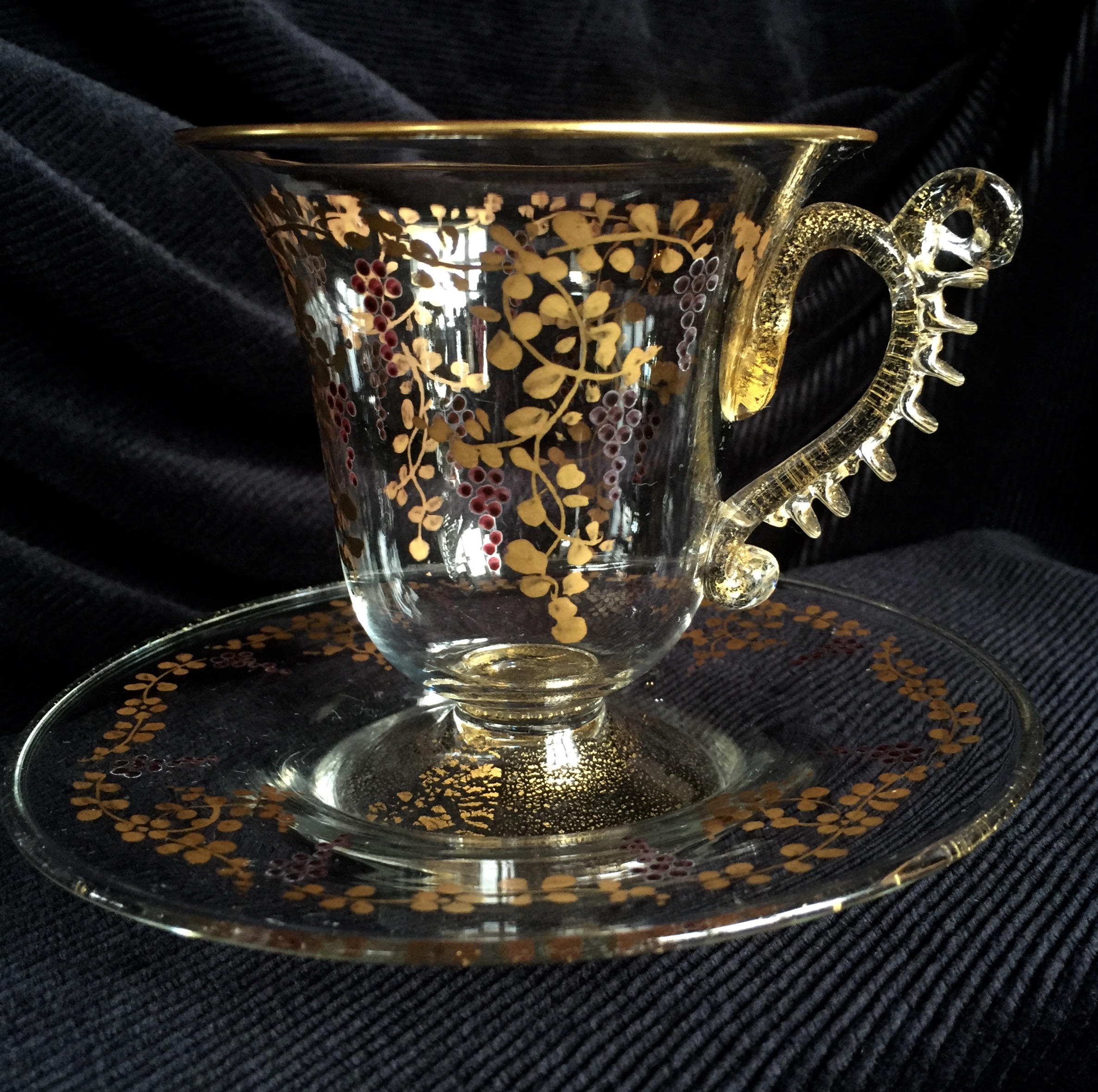 Glass cup & saucer, grapevine gilt pattern, c.1890-0