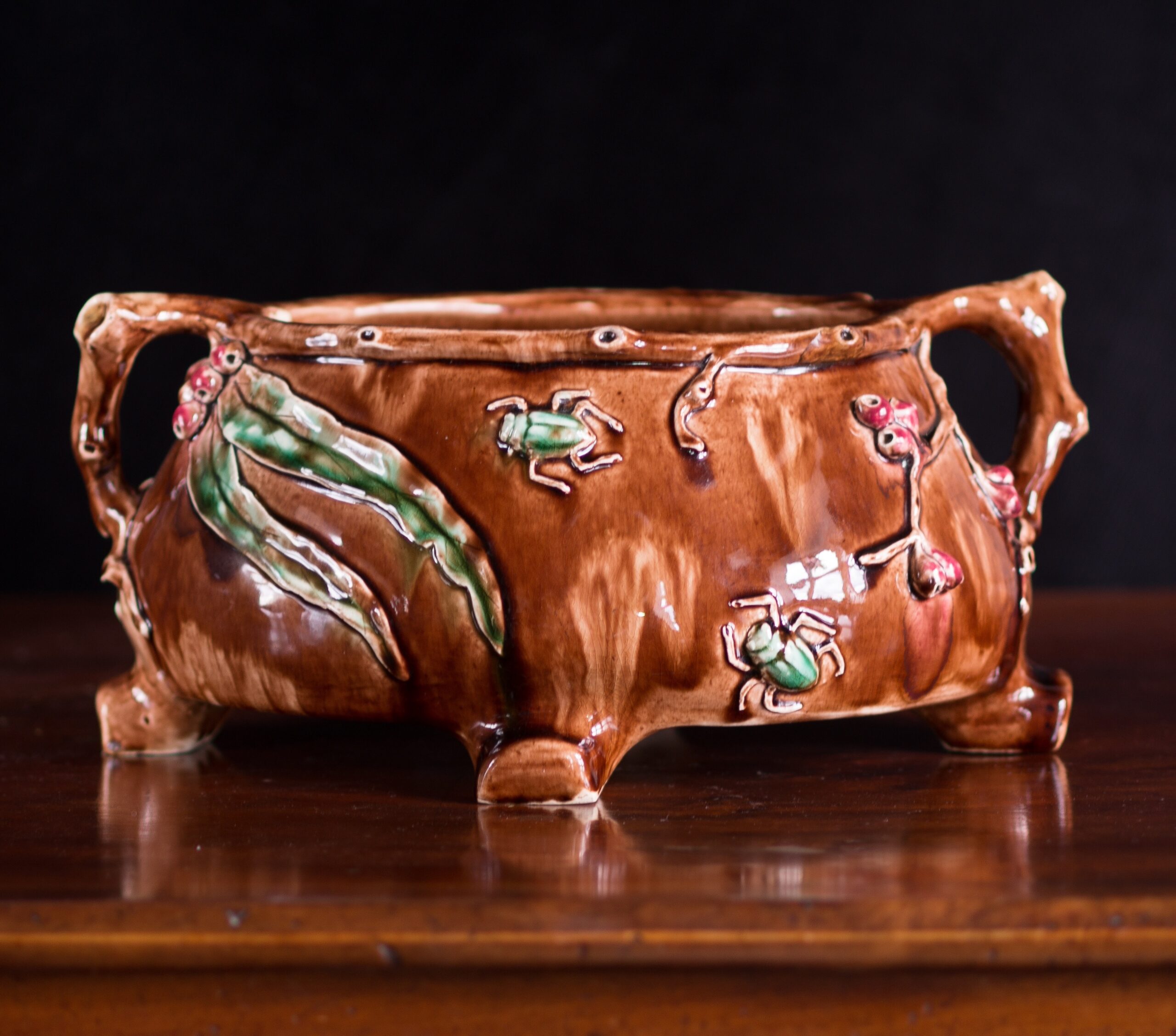 Clem Ainslie, Harvey School Australian Pottery jardinier, gum leaves & beetles, 1936-0