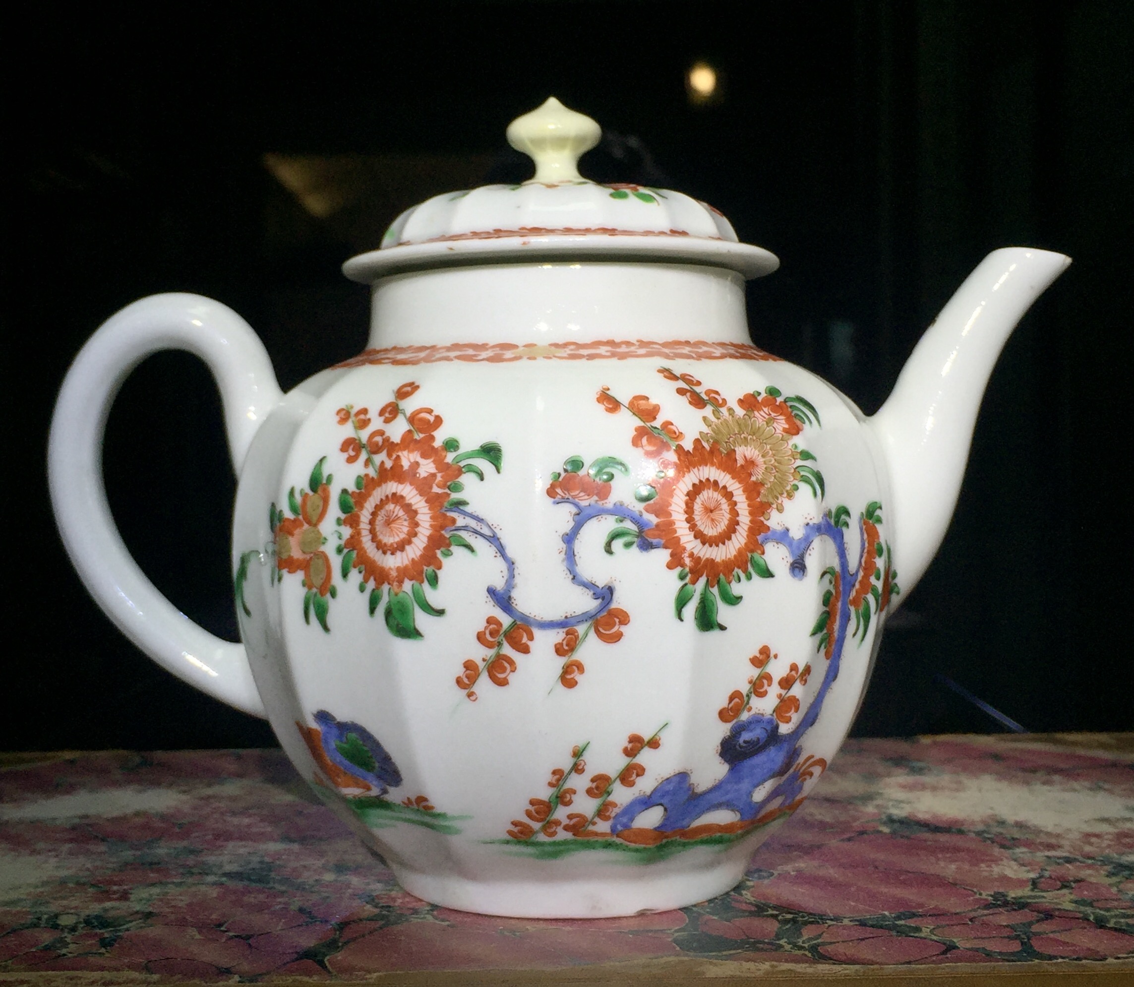 Worcester fluted teapot with 'Two Quail Pattern', c.1770-0