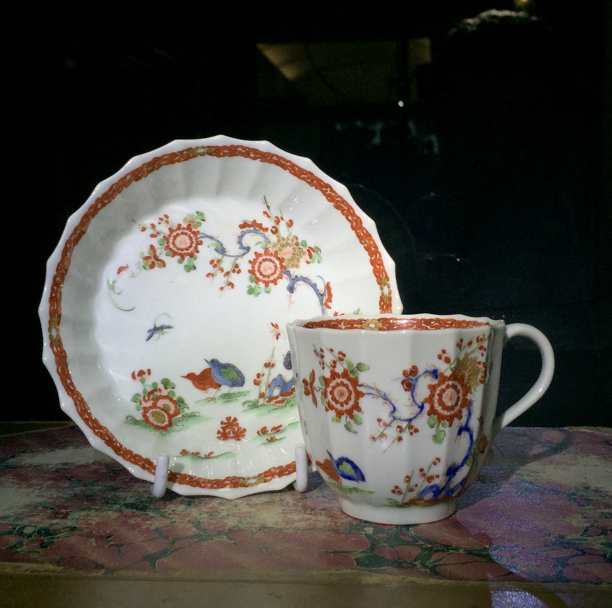 Worcester fluted cup & saucer, 'Quail' pattern, c.1770-0