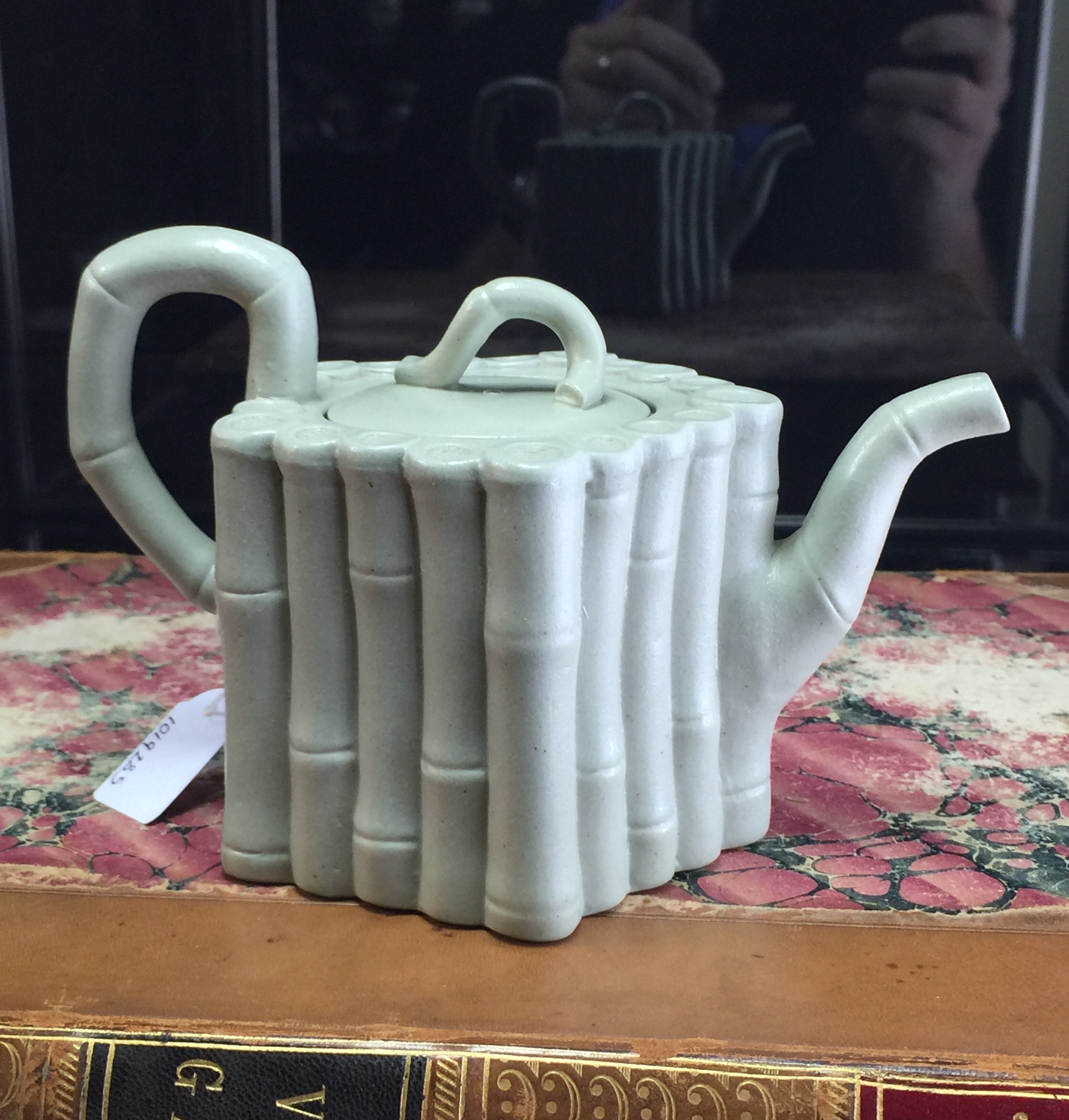 Saltglaze 'bamboo' teapot, pale teal colour, c. 1790-0