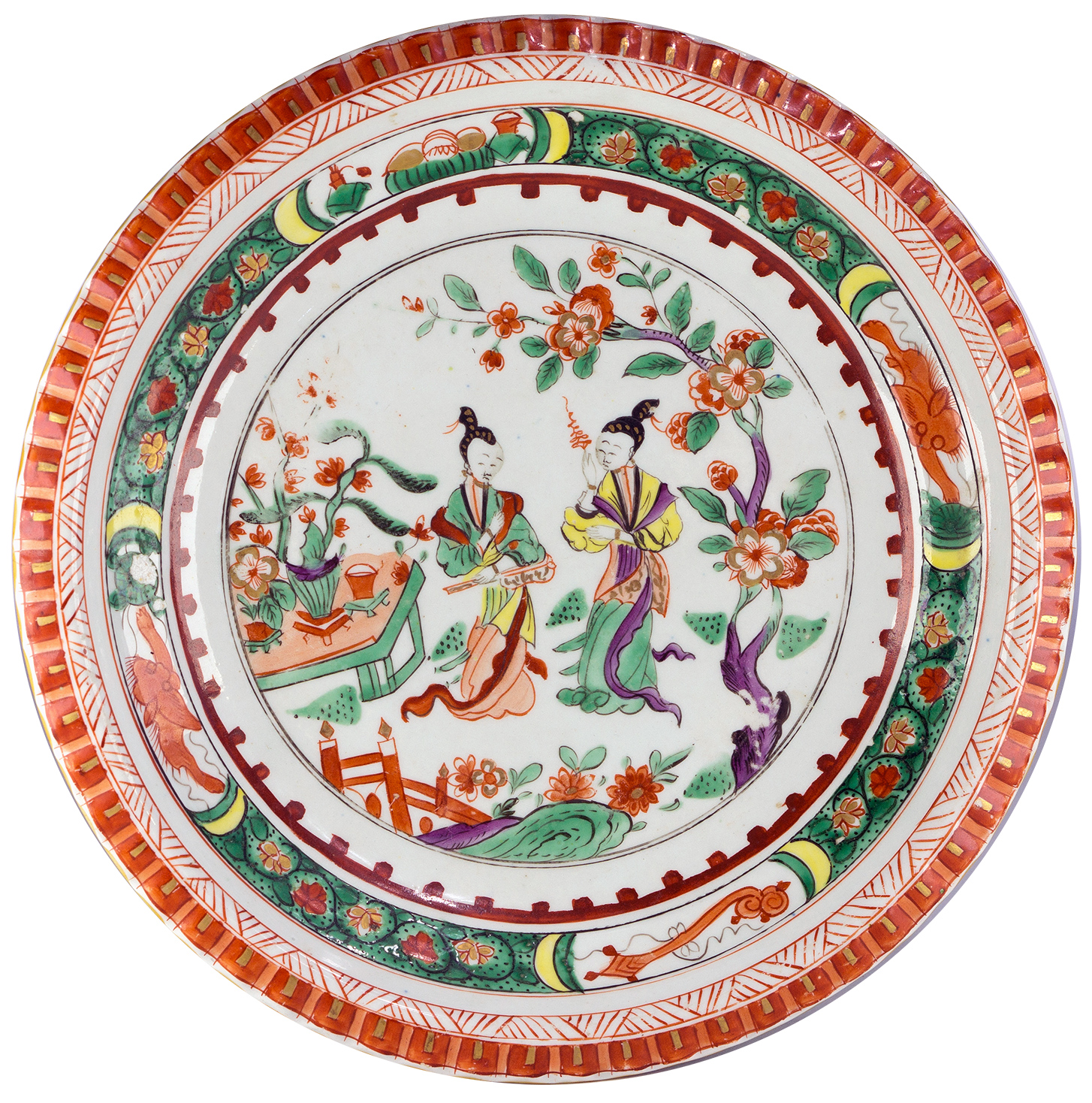 Derby famille verte dish with gadrooned rim, figures in a garden, c.1800-0