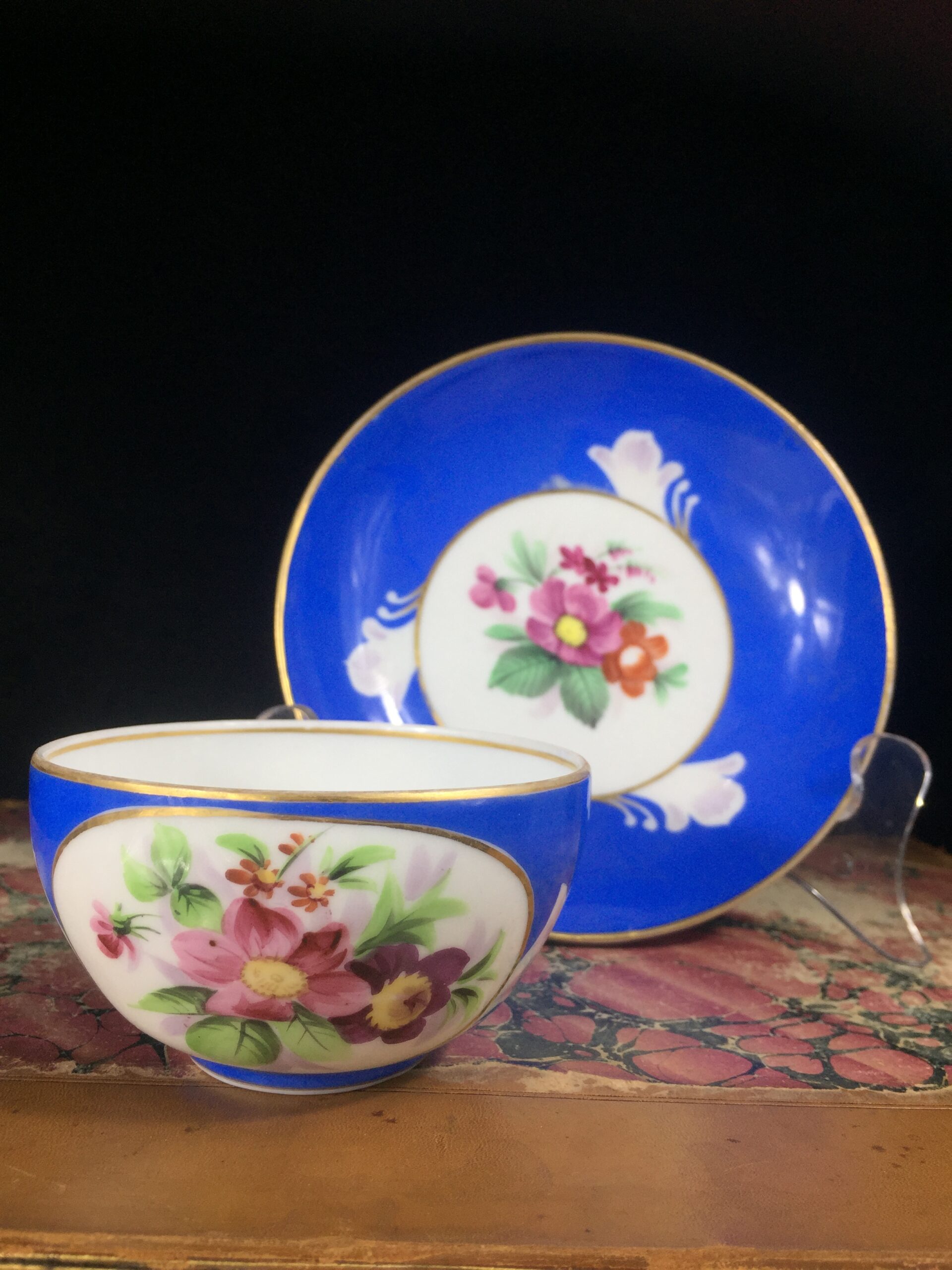 Gardner (Russia) cup & saucer, blue ground & flowers, c. 1880-0