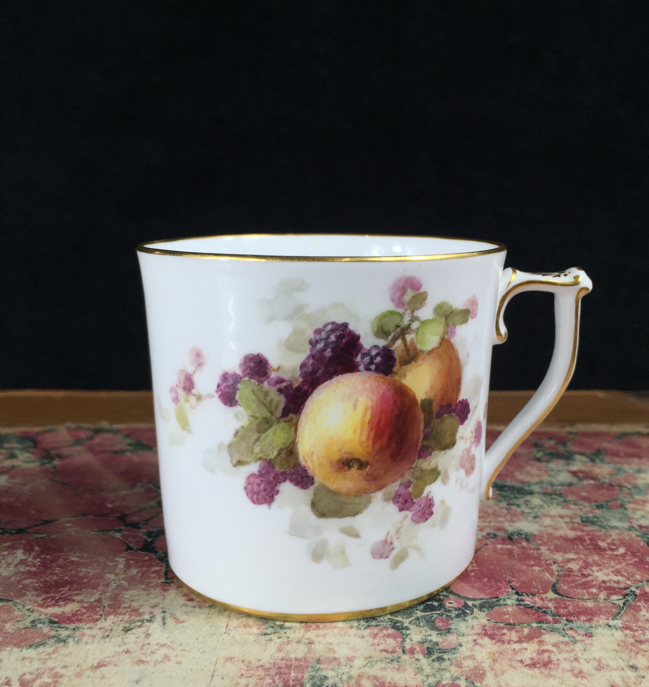 Stevenson & Hancock Derby coffee can with fruit by Chivers, rare mark 1934-5-0